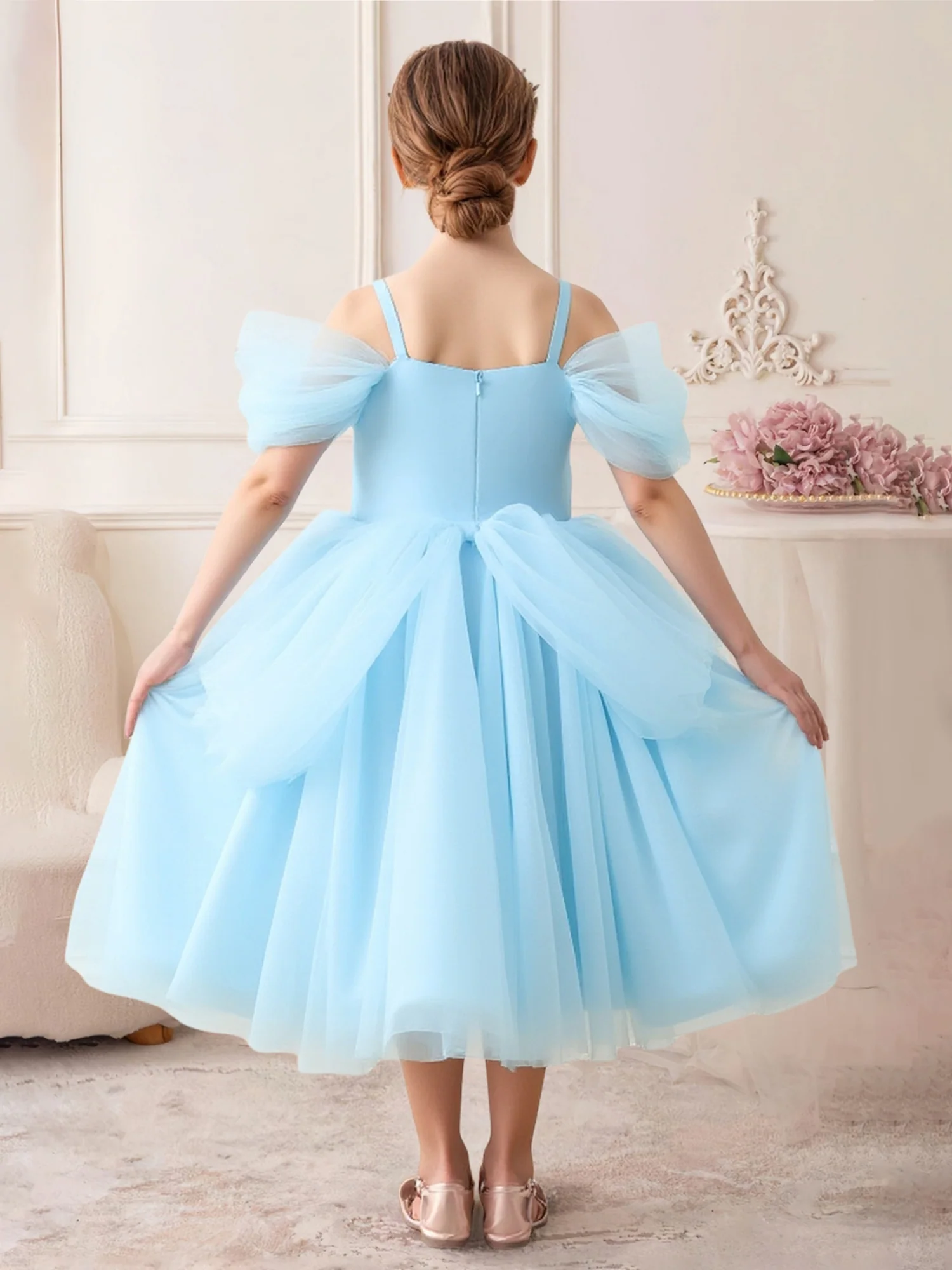 Off-Shoulder Tulle Flutter Sleeve Flower Girl Dress Sky Blue - Image 2