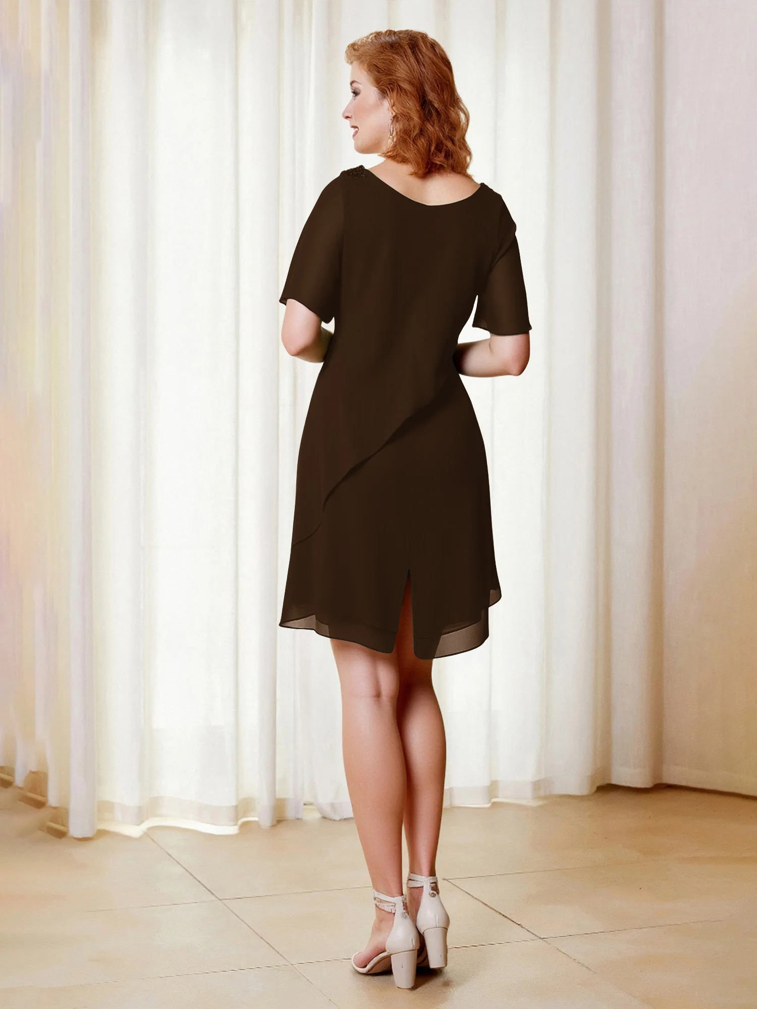 Beaded Scoop Flutter Sleeves Knee-Length Chiffon Dress Brown - Image 2