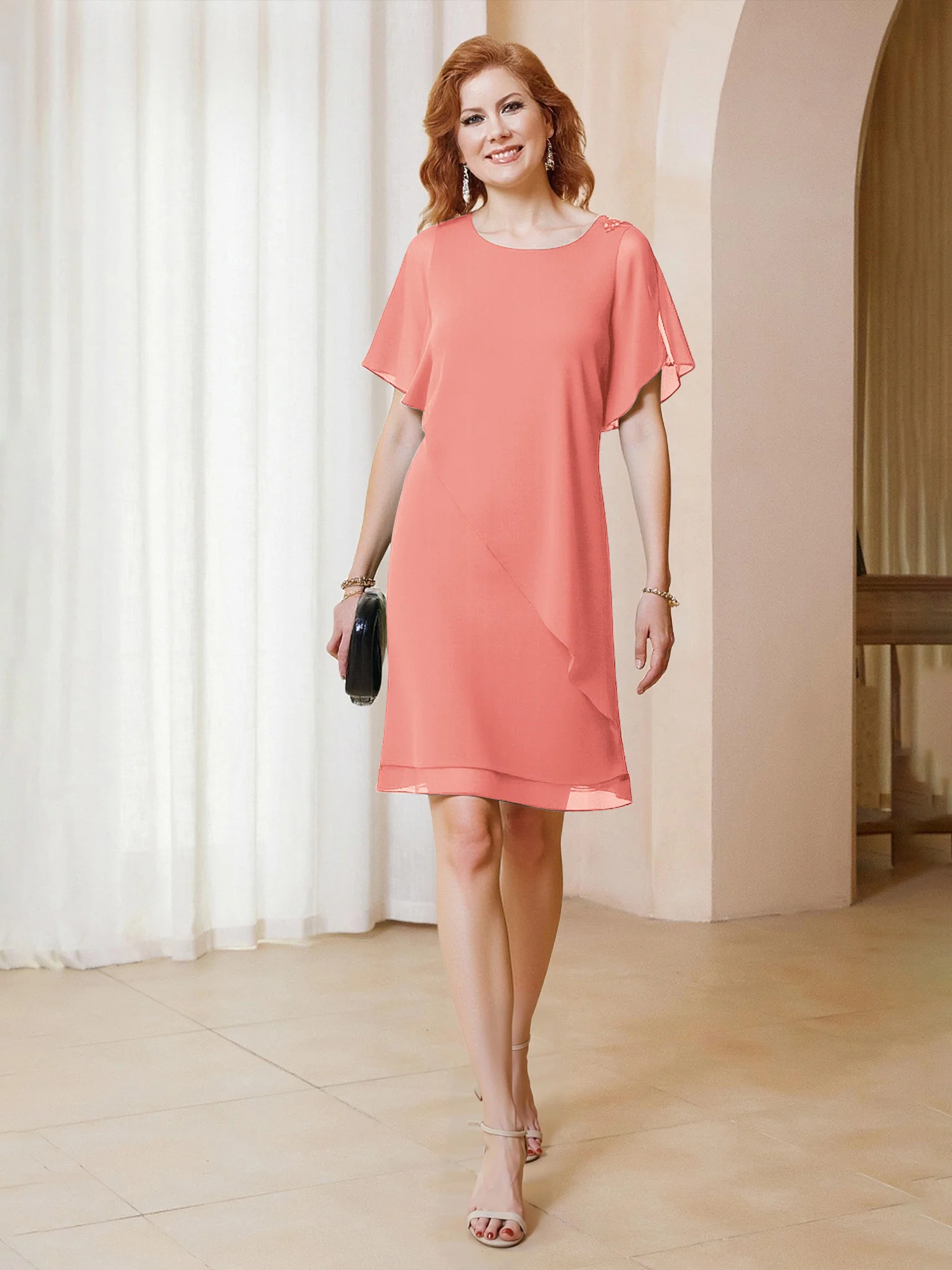 Beaded Scoop Flutter Sleeves Knee-Length Chiffon Dress Coral