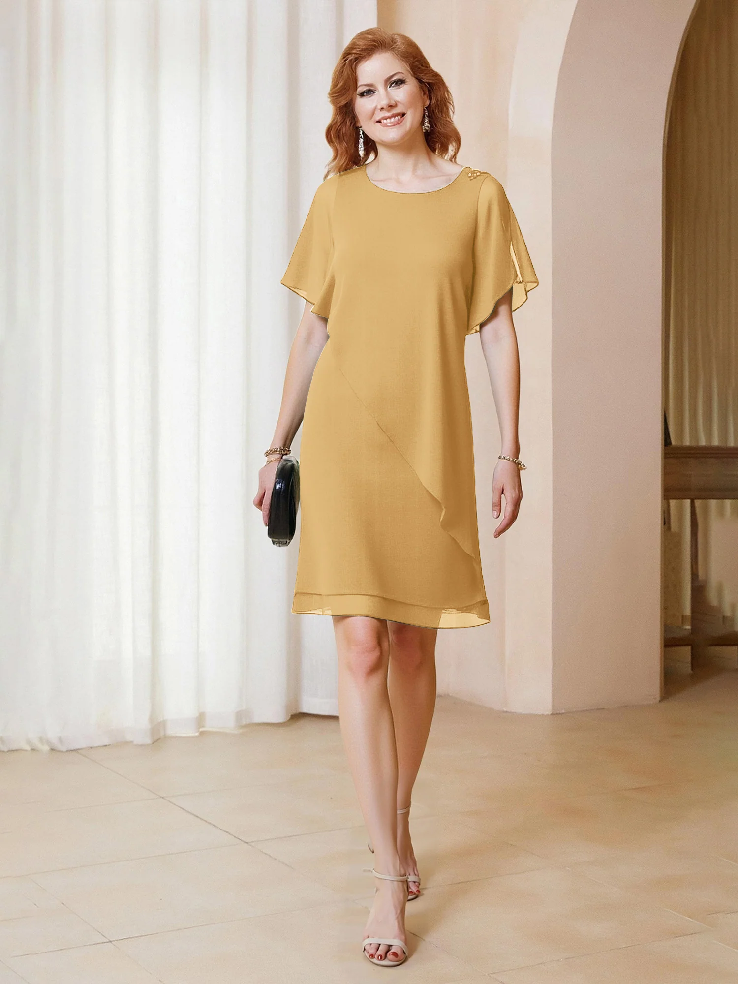 Beaded Scoop Flutter Sleeves Knee-Length Chiffon Dress Gold