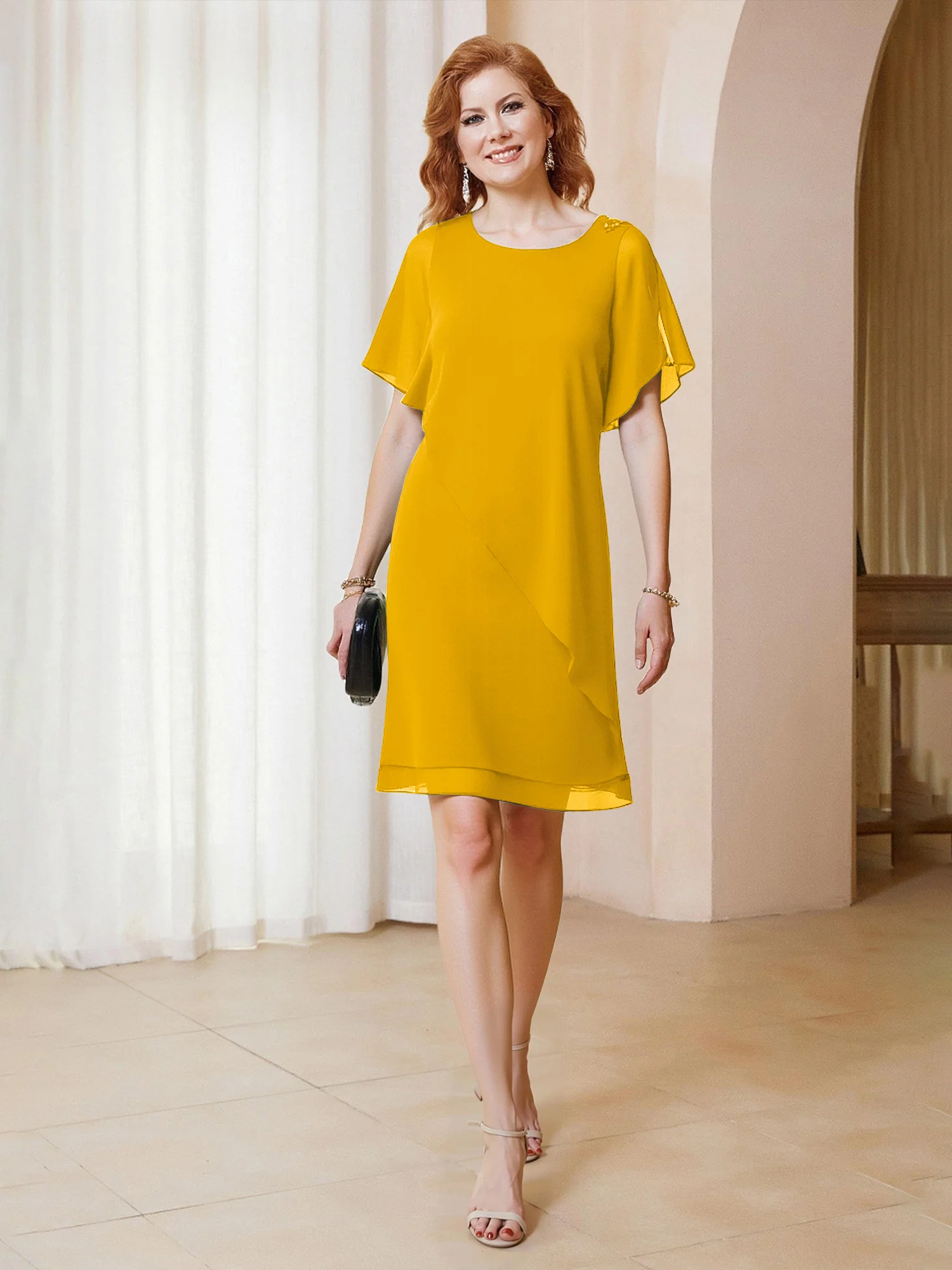 Beaded Scoop Flutter Sleeves Knee-Length Chiffon Dress Marigold