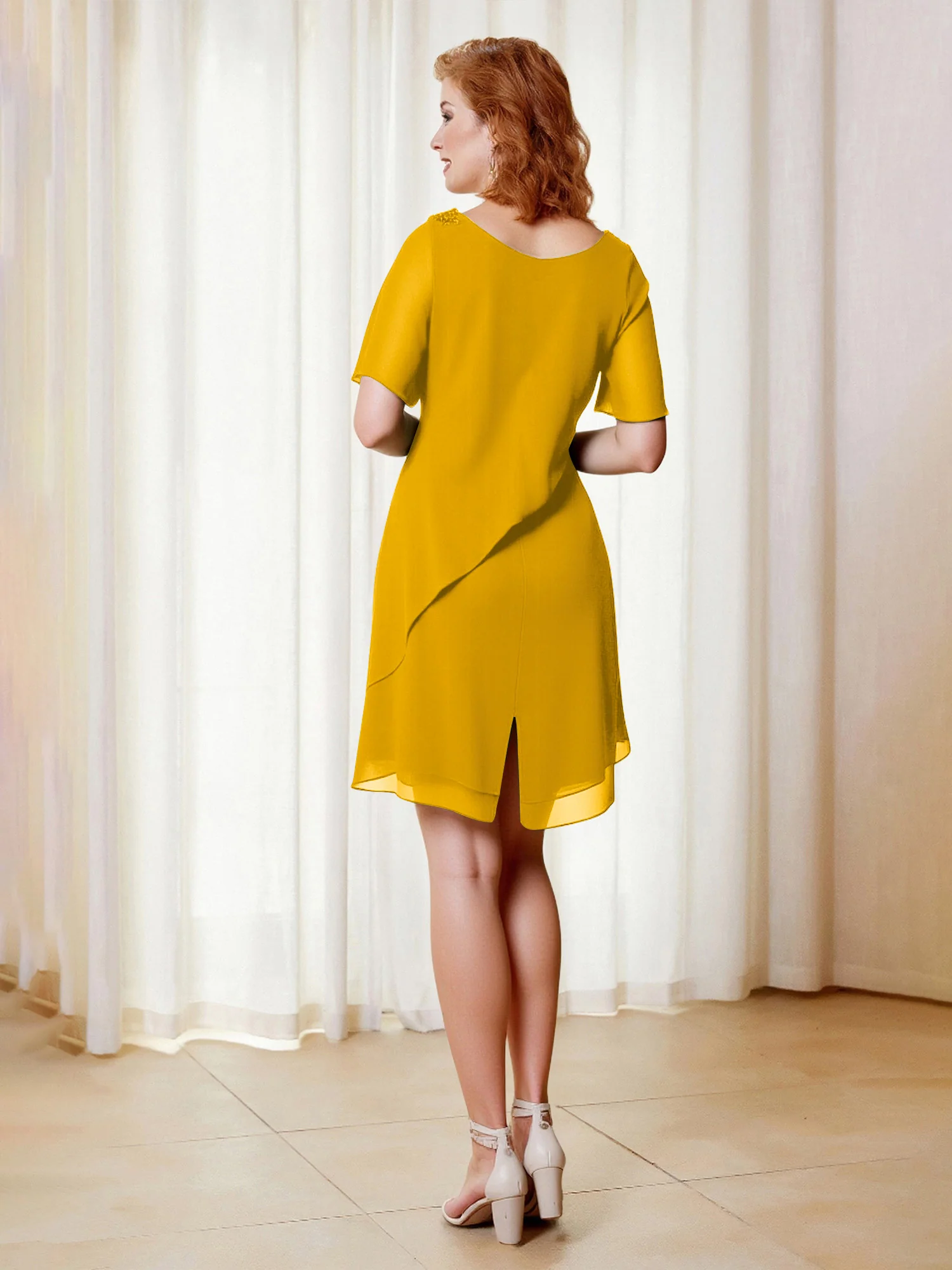 Beaded Scoop Flutter Sleeves Knee-Length Chiffon Dress Marigold - Image 2