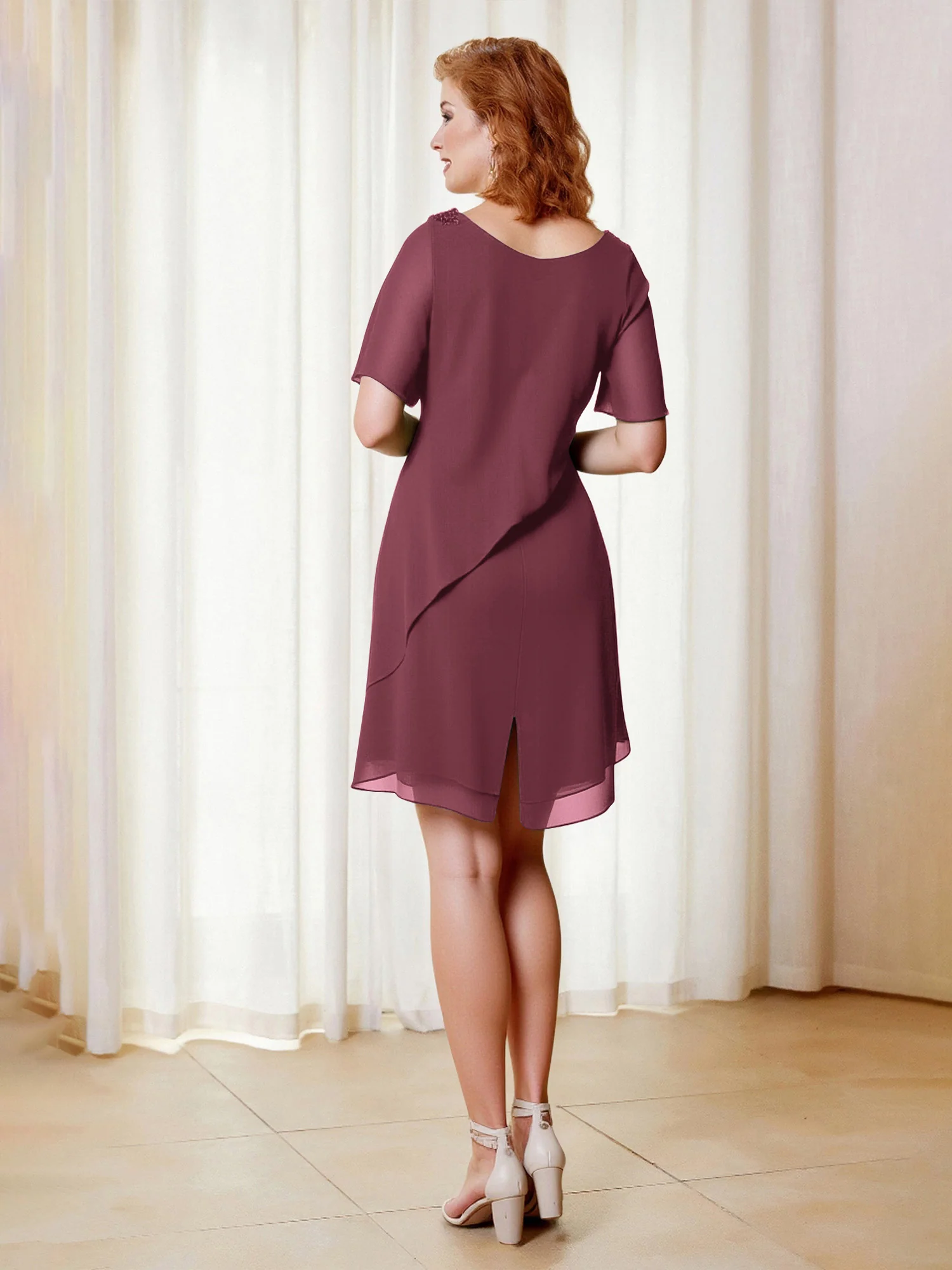 Beaded Scoop Flutter Sleeves Knee-Length Chiffon Dress Mulberry - Image 2