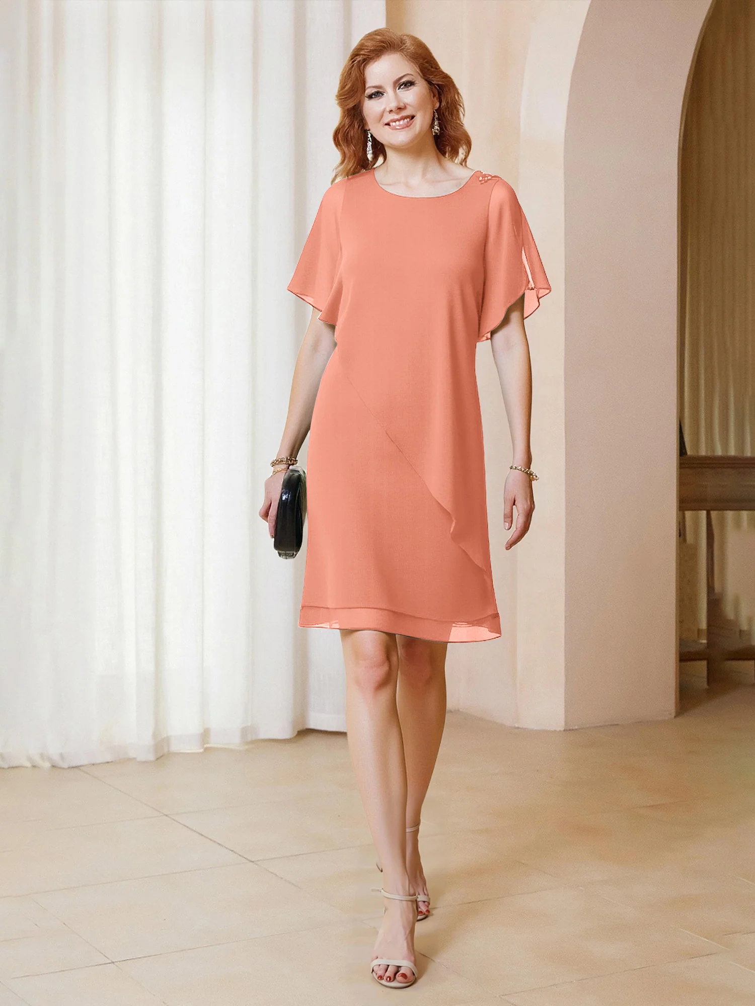 Beaded Scoop Flutter Sleeves Knee-Length Chiffon Dress Papaya