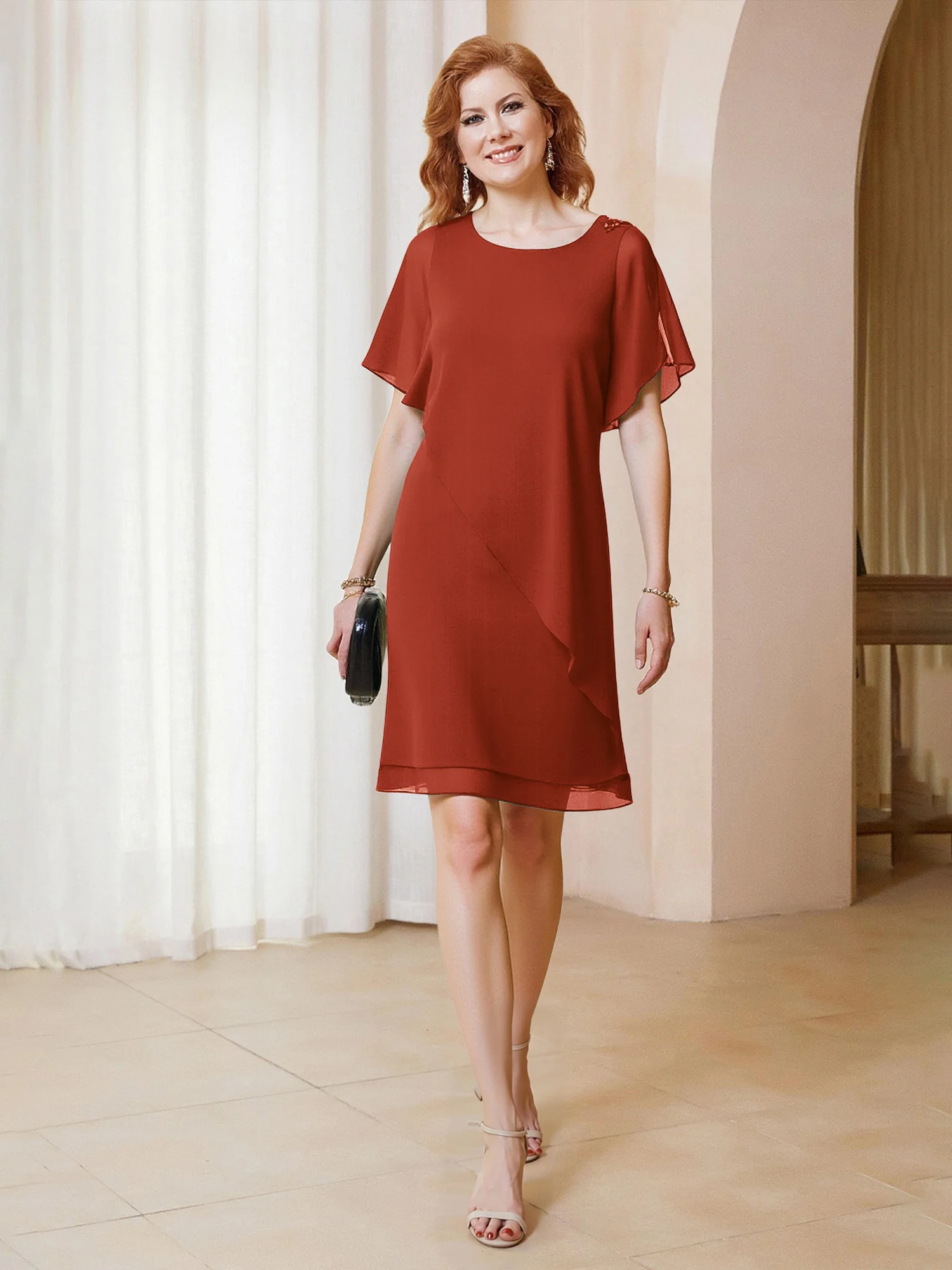 Beaded Scoop Flutter Sleeves Knee-Length Chiffon Dress Rust