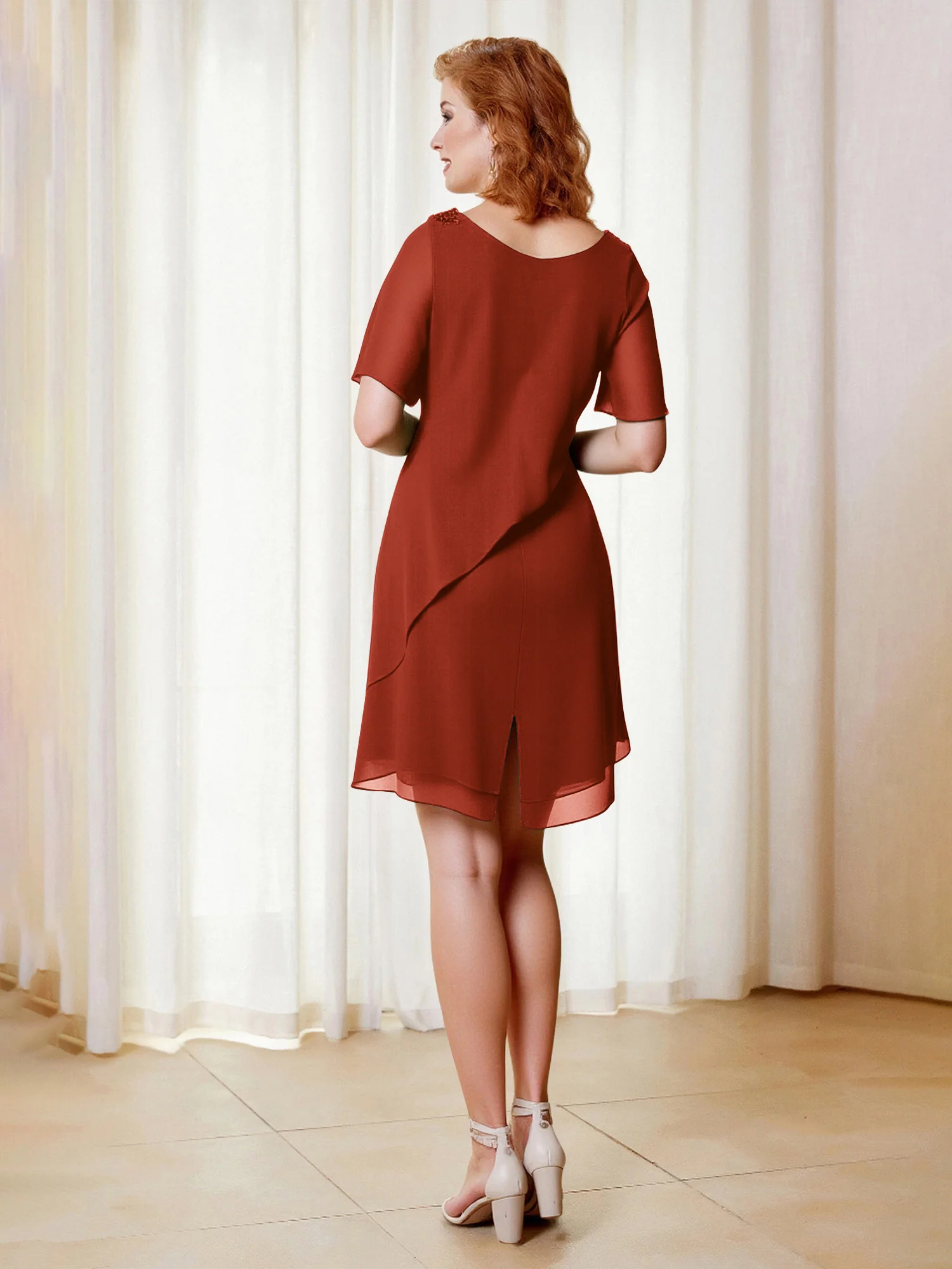 Beaded Scoop Flutter Sleeves Knee-Length Chiffon Dress Rust - Image 2