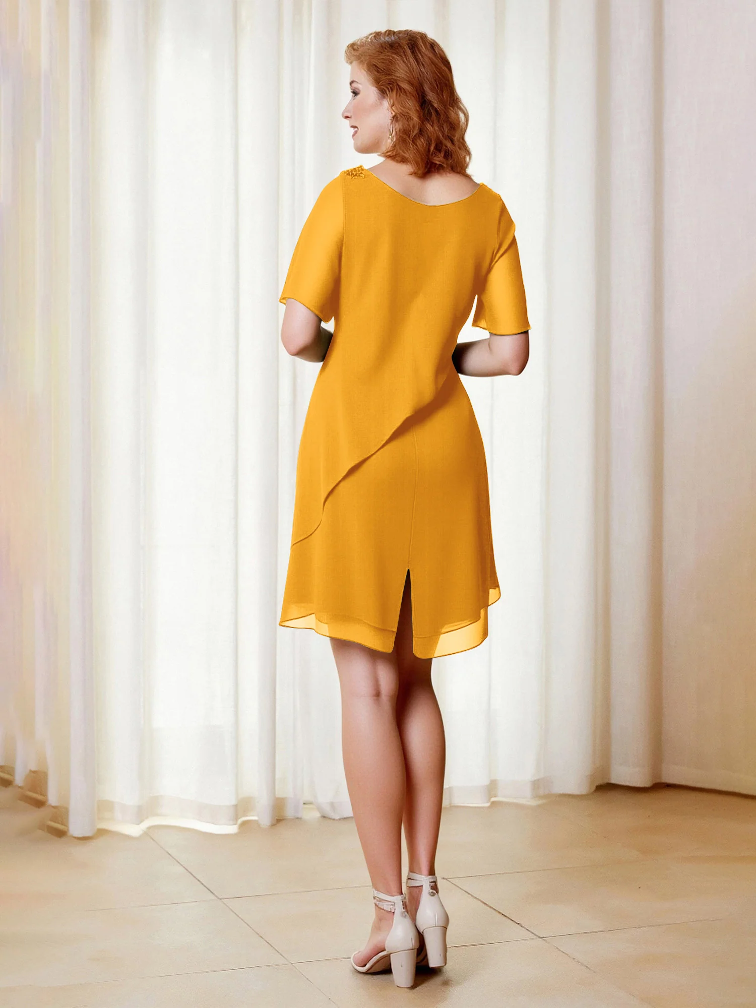 Beaded Scoop Flutter Sleeves Knee-Length Chiffon Dress Tangerine - Image 2