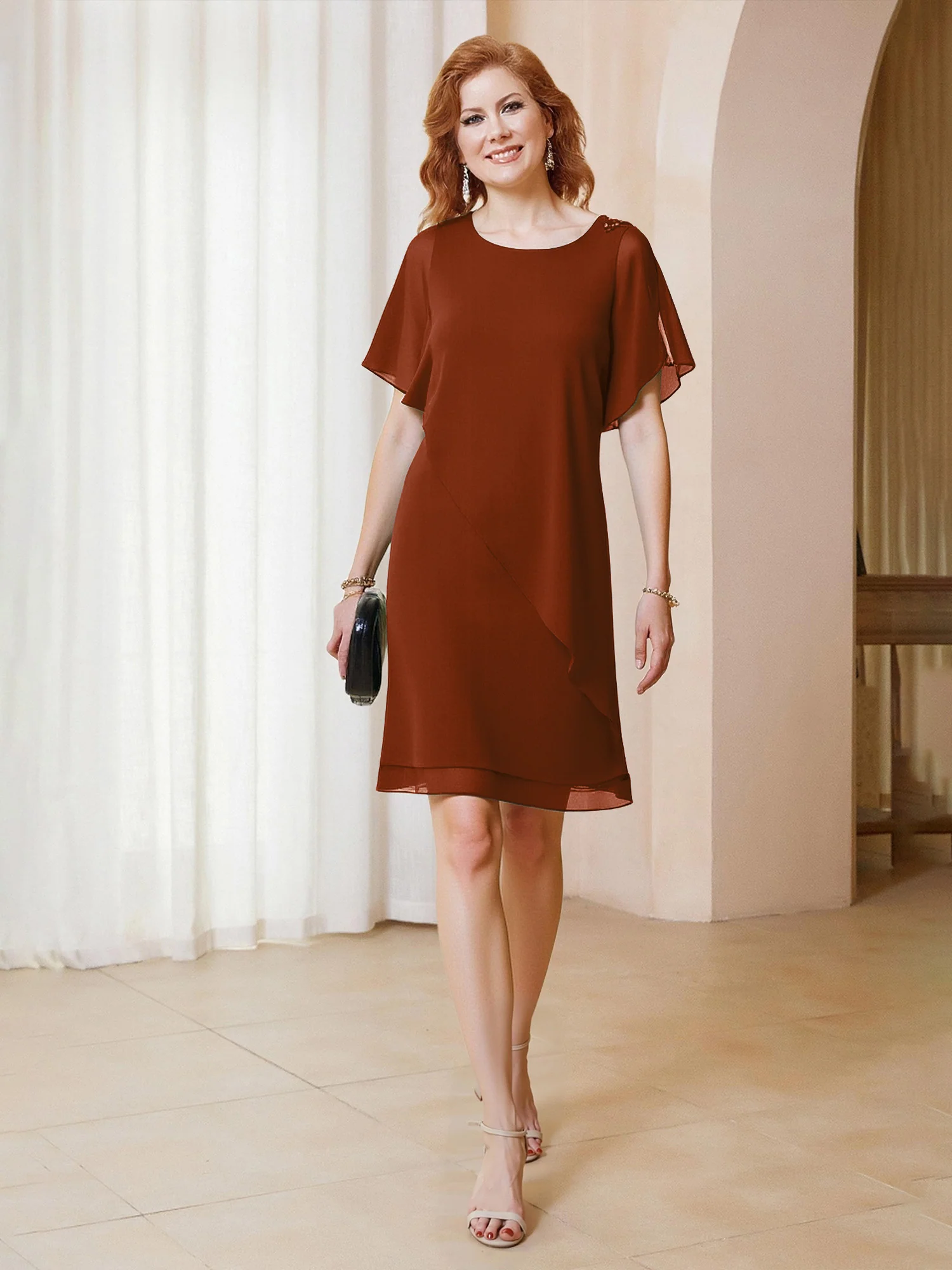 Beaded Scoop Flutter Sleeves Knee-Length Chiffon Dress Terracotta
