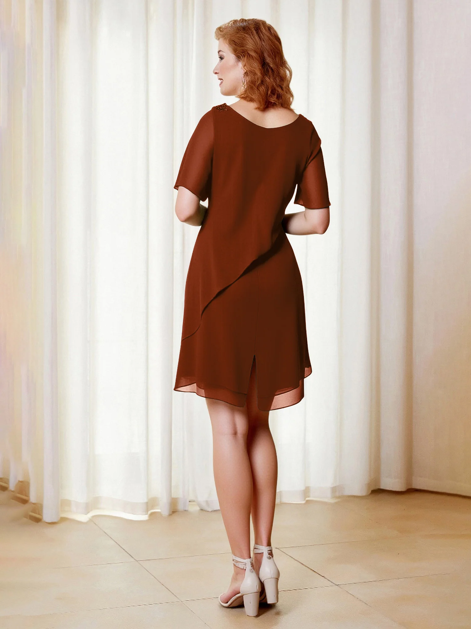 Beaded Scoop Flutter Sleeves Knee-Length Chiffon Dress Terracotta - Image 2