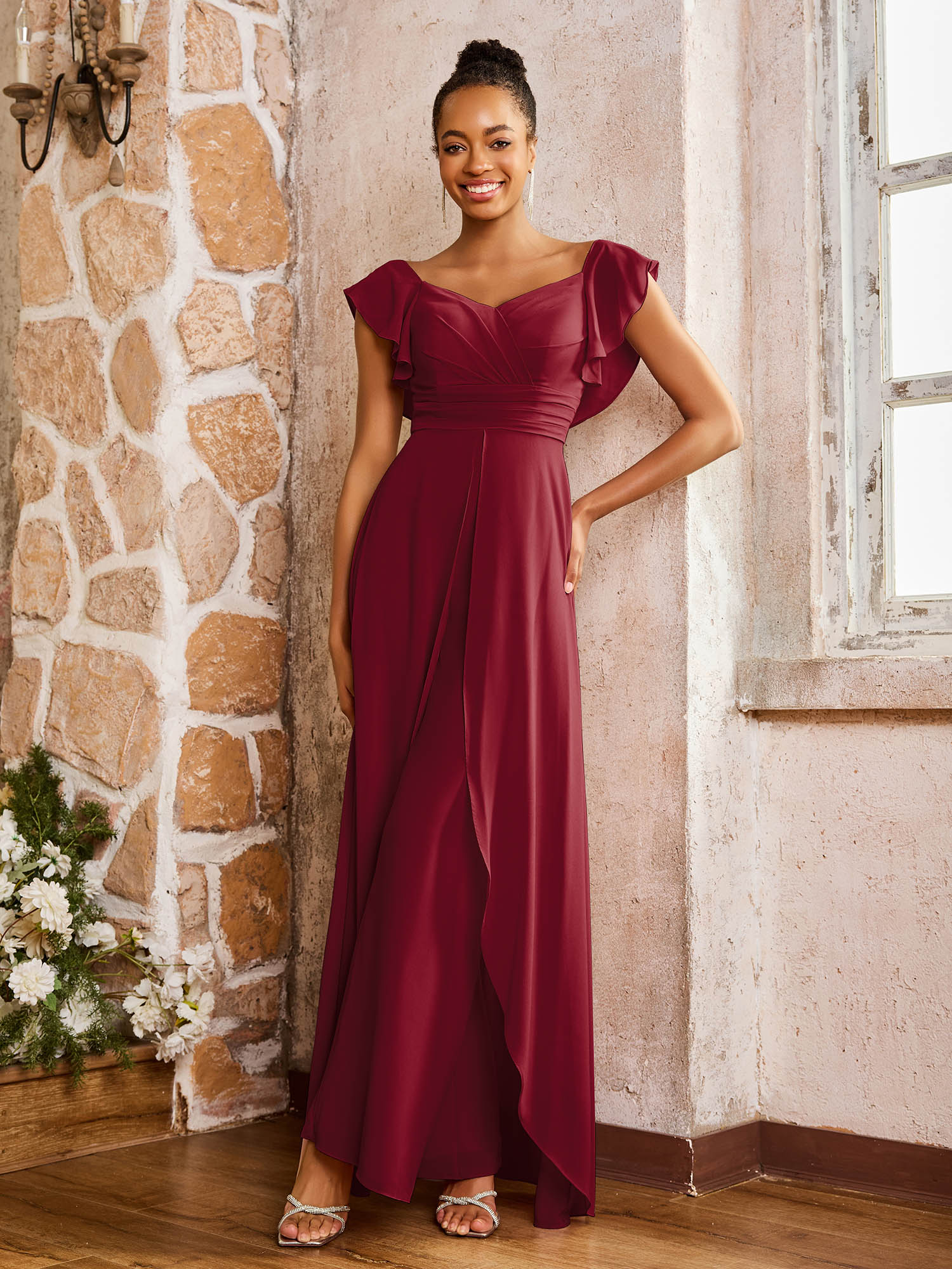 Elegant Chiffon Jumpsuit with Flowing Skirt Overlay Burgundy