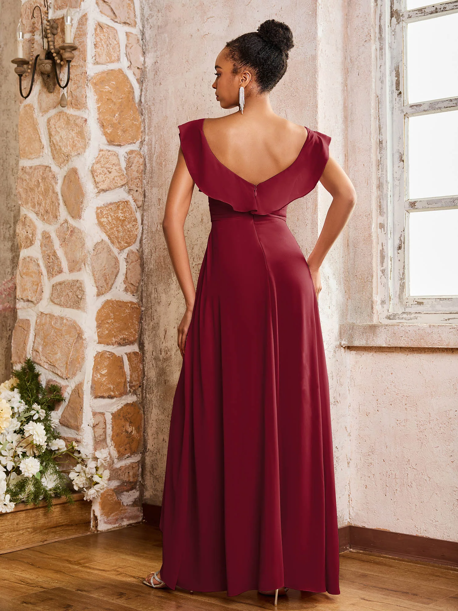 Elegant Chiffon Jumpsuit with Flowing Skirt Overlay Burgundy - Image 2