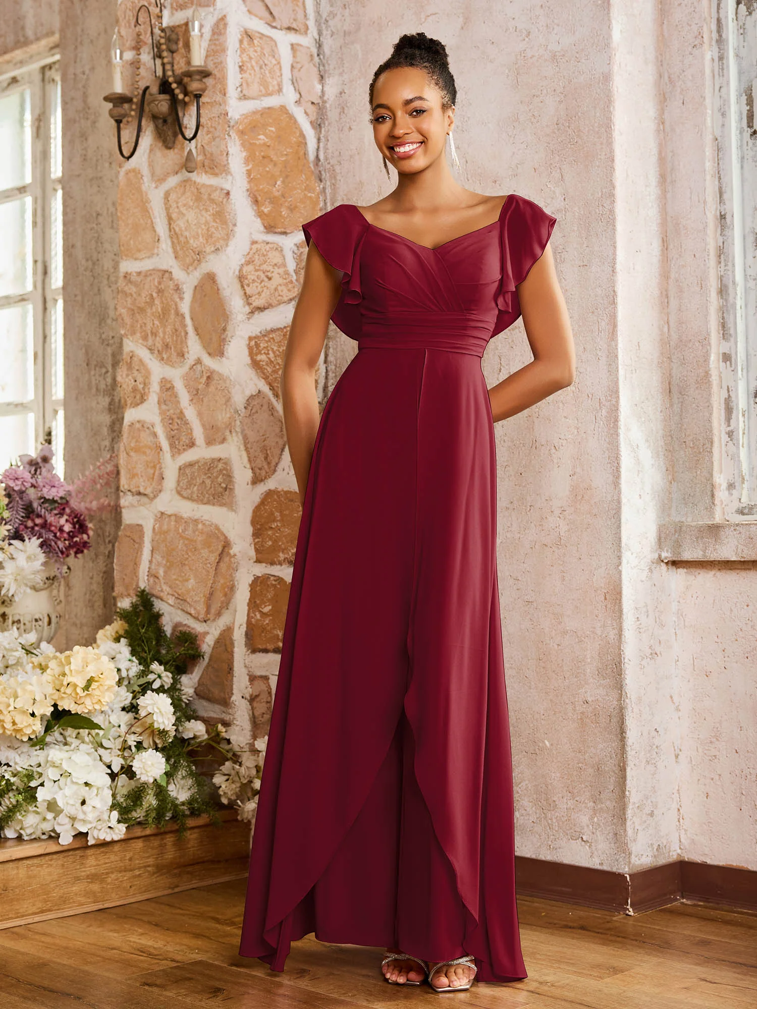 Elegant Chiffon Jumpsuit with Flowing Skirt Overlay Burgundy - Image 3