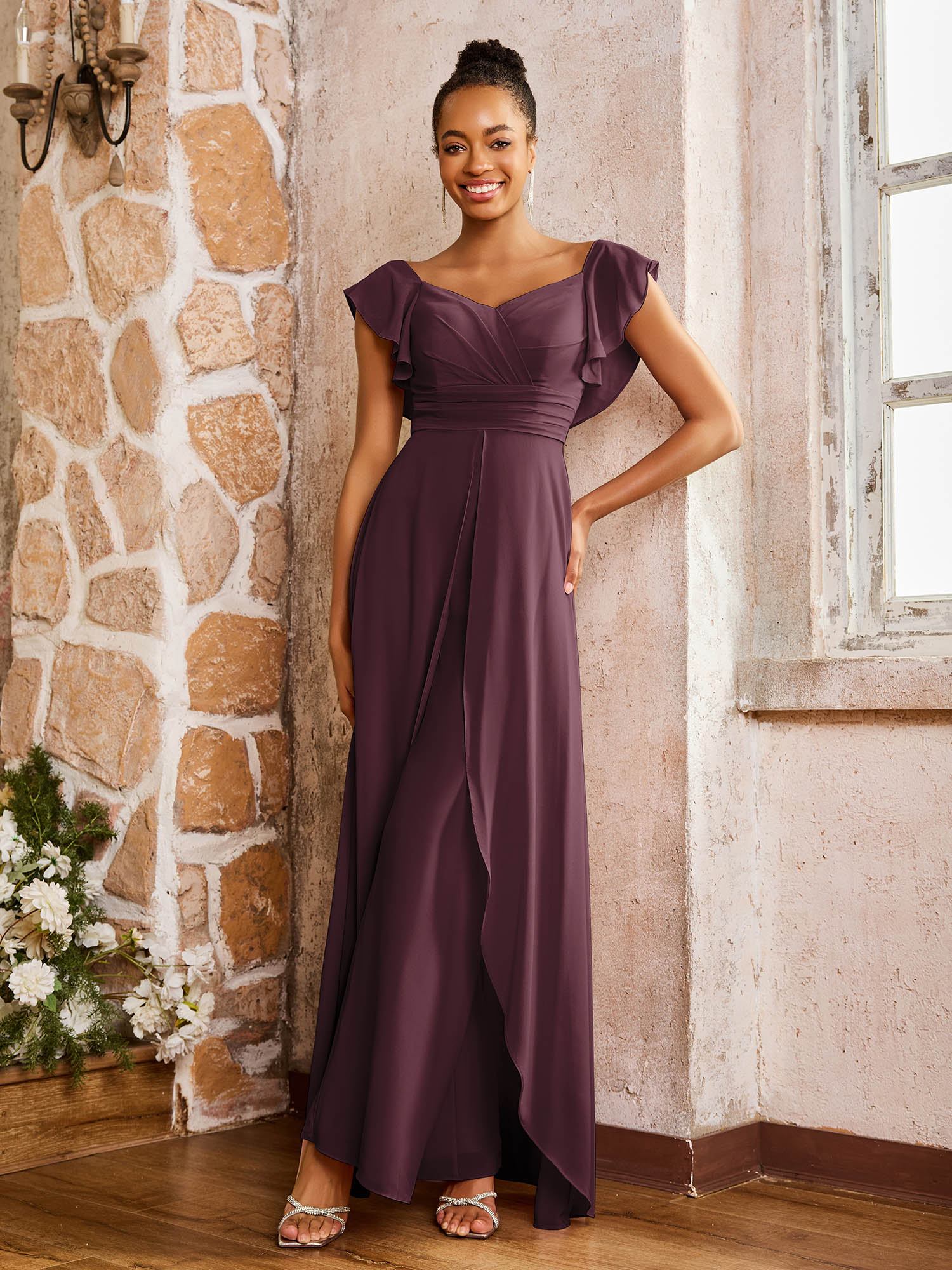 Elegant Chiffon Jumpsuit with Flowing Skirt Overlay Cabernet