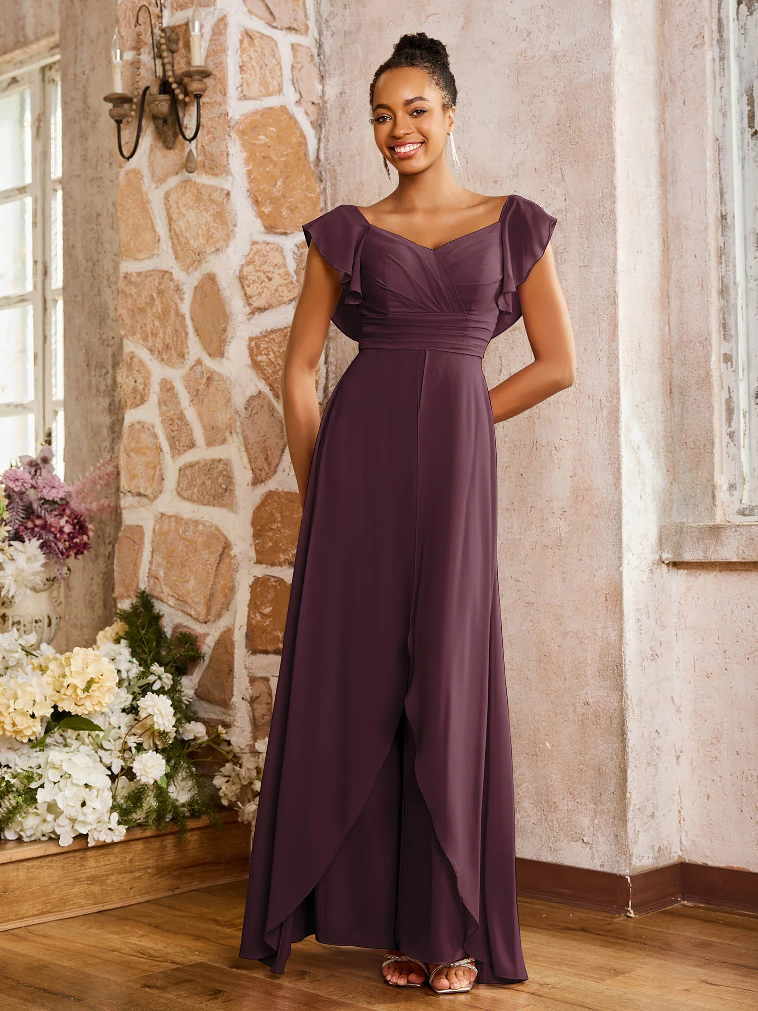 Elegant Chiffon Jumpsuit with Flowing Skirt Overlay Cabernet - Image 3