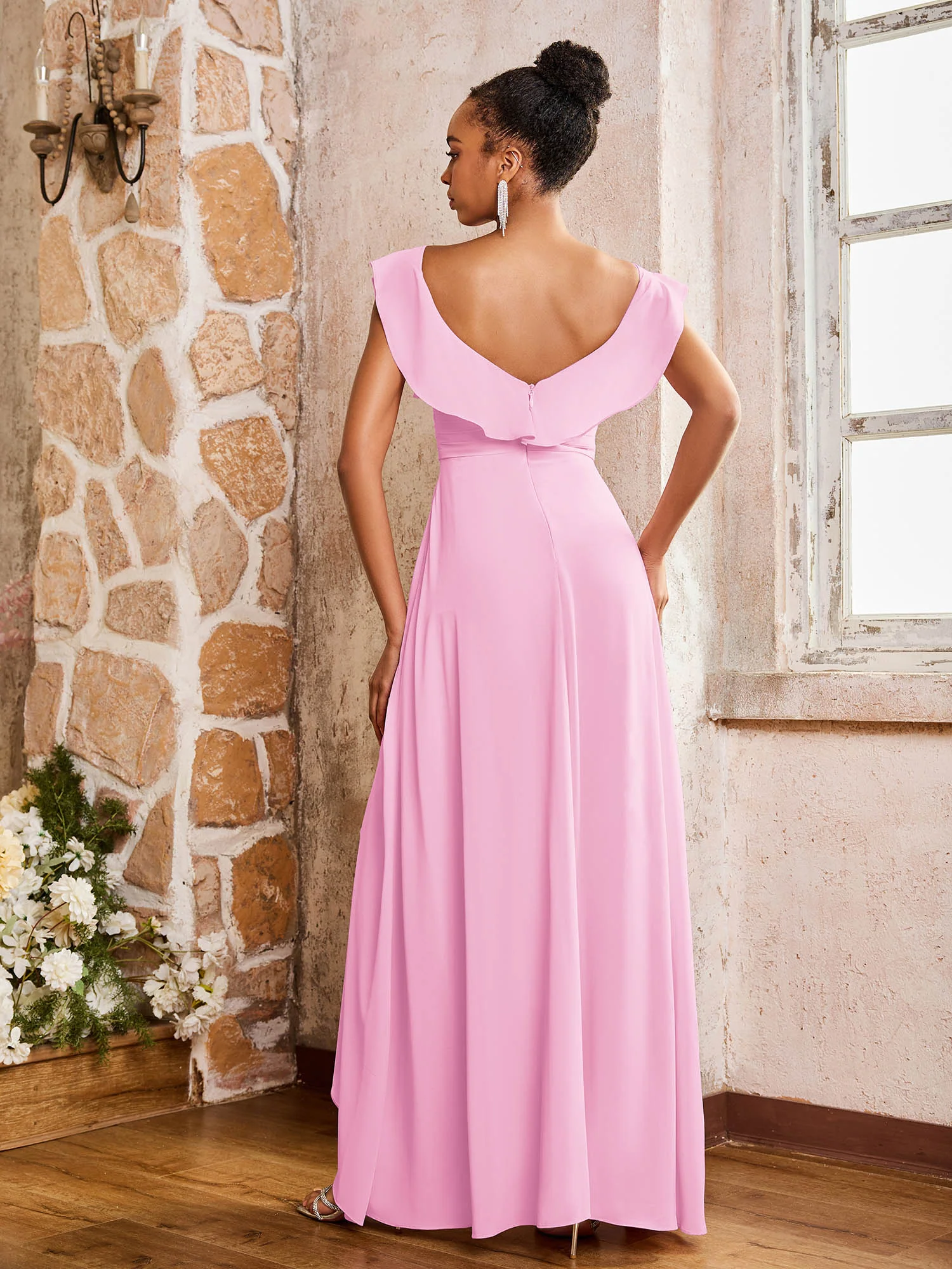 Elegant Chiffon Jumpsuit with Flowing Skirt Overlay Candy Pink - Image 2