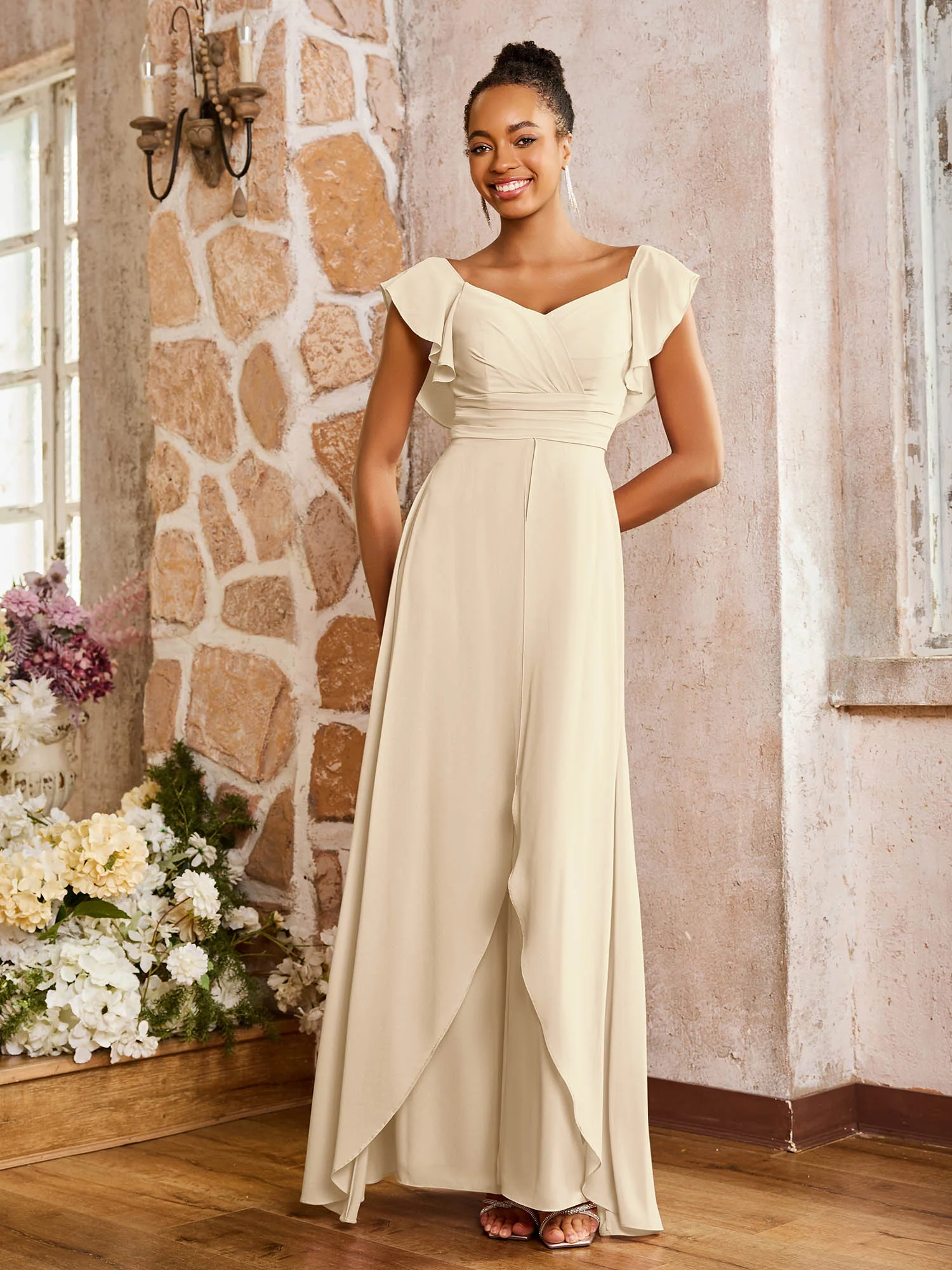 Elegant Chiffon Jumpsuit with Flowing Skirt Overlay Champagne - Image 3