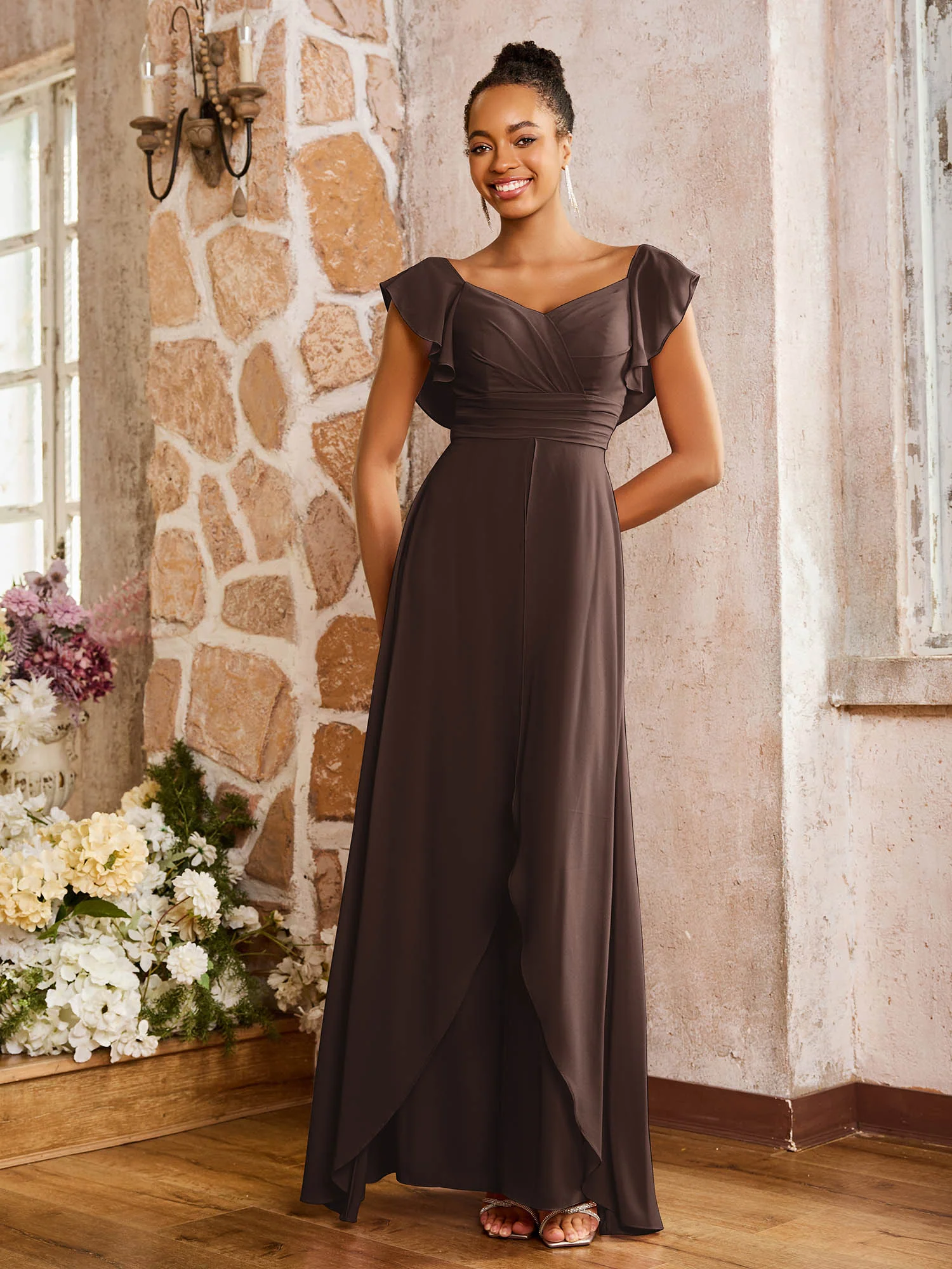 Elegant Chiffon Jumpsuit with Flowing Skirt Overlay Chocolate - Image 3
