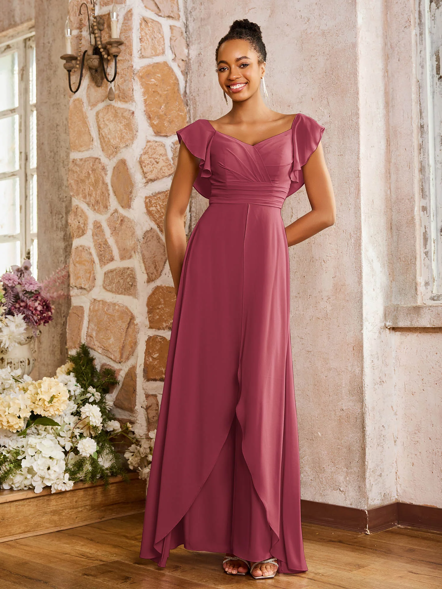 Elegant Chiffon Jumpsuit with Flowing Skirt Overlay Cinnamon Rose - Image 3
