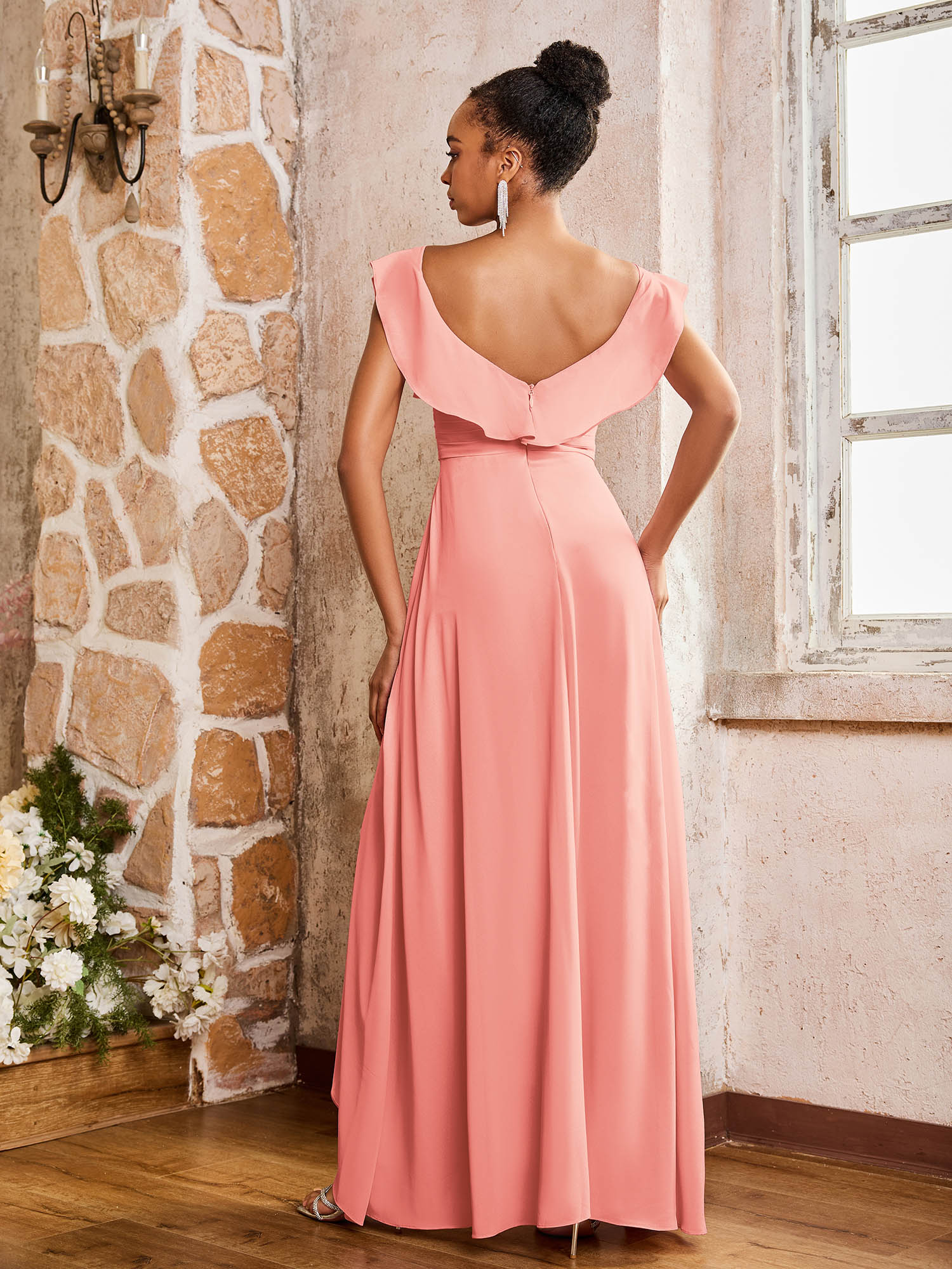 Elegant Chiffon Jumpsuit with Flowing Skirt Overlay Coral - Image 2