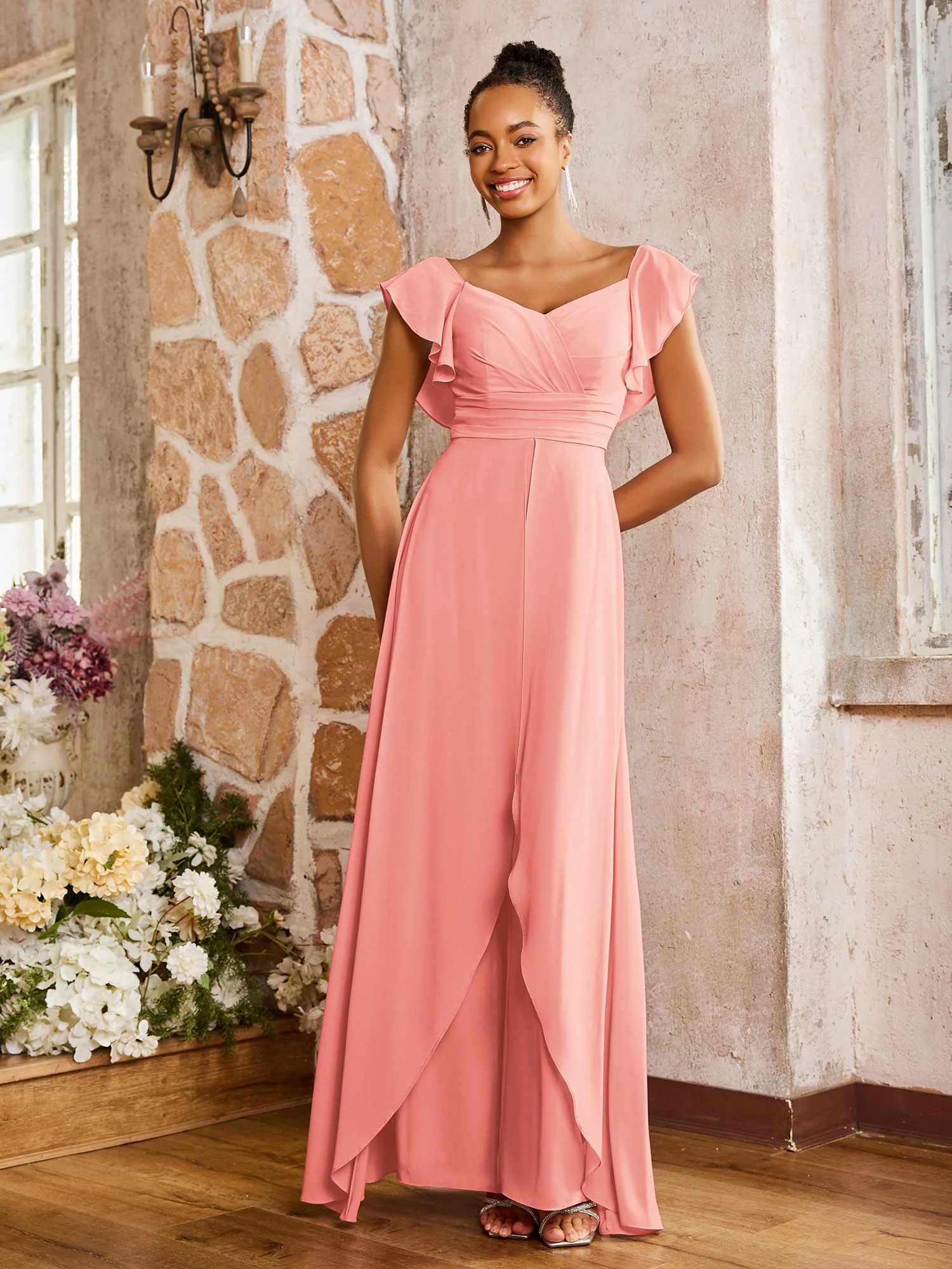 Elegant Chiffon Jumpsuit with Flowing Skirt Overlay Coral - Image 3