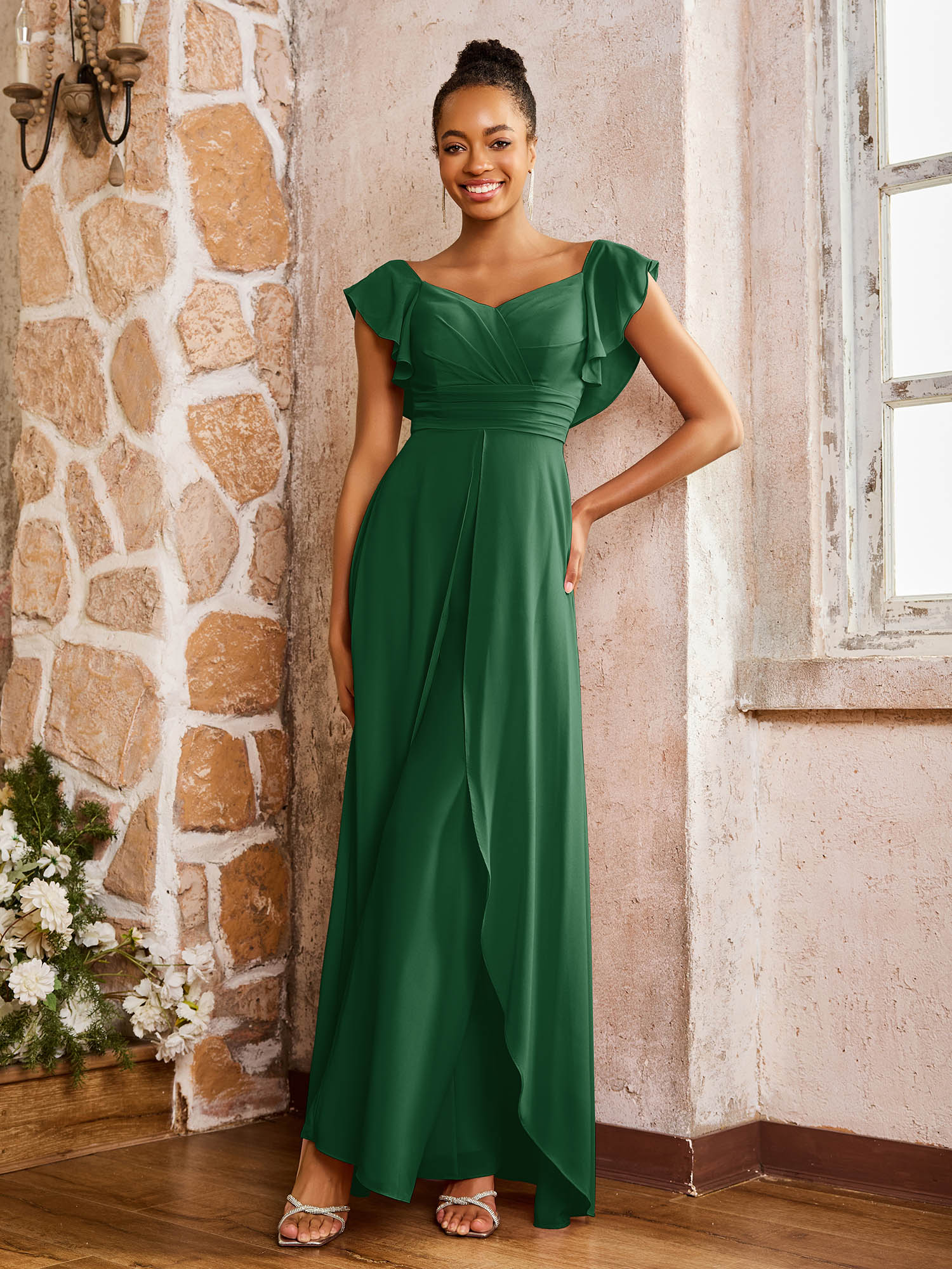 Elegant Chiffon Jumpsuit with Flowing Skirt Overlay Dark Green