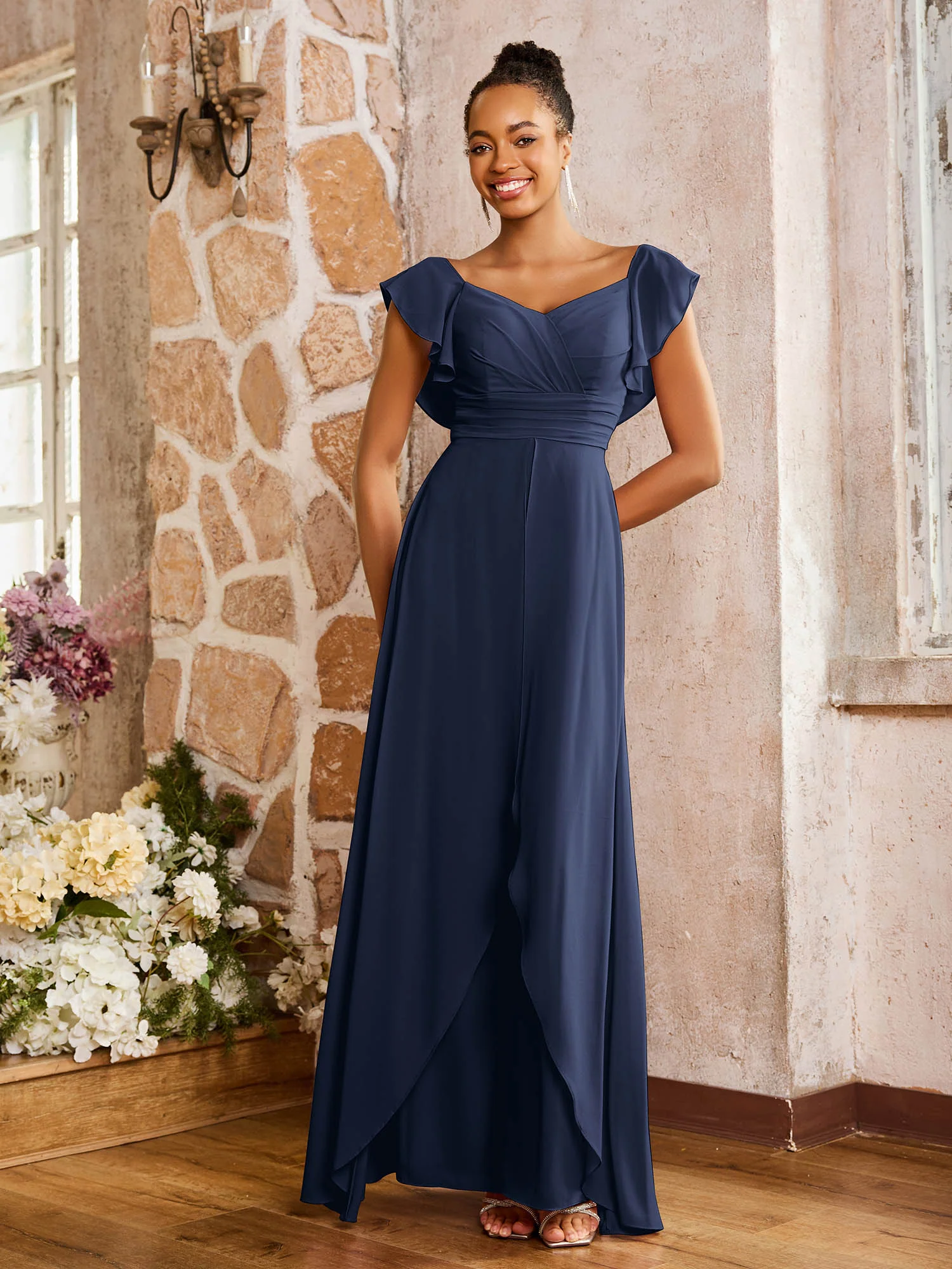 Elegant Chiffon Jumpsuit with Flowing Skirt Overlay Dark Navy - Image 3