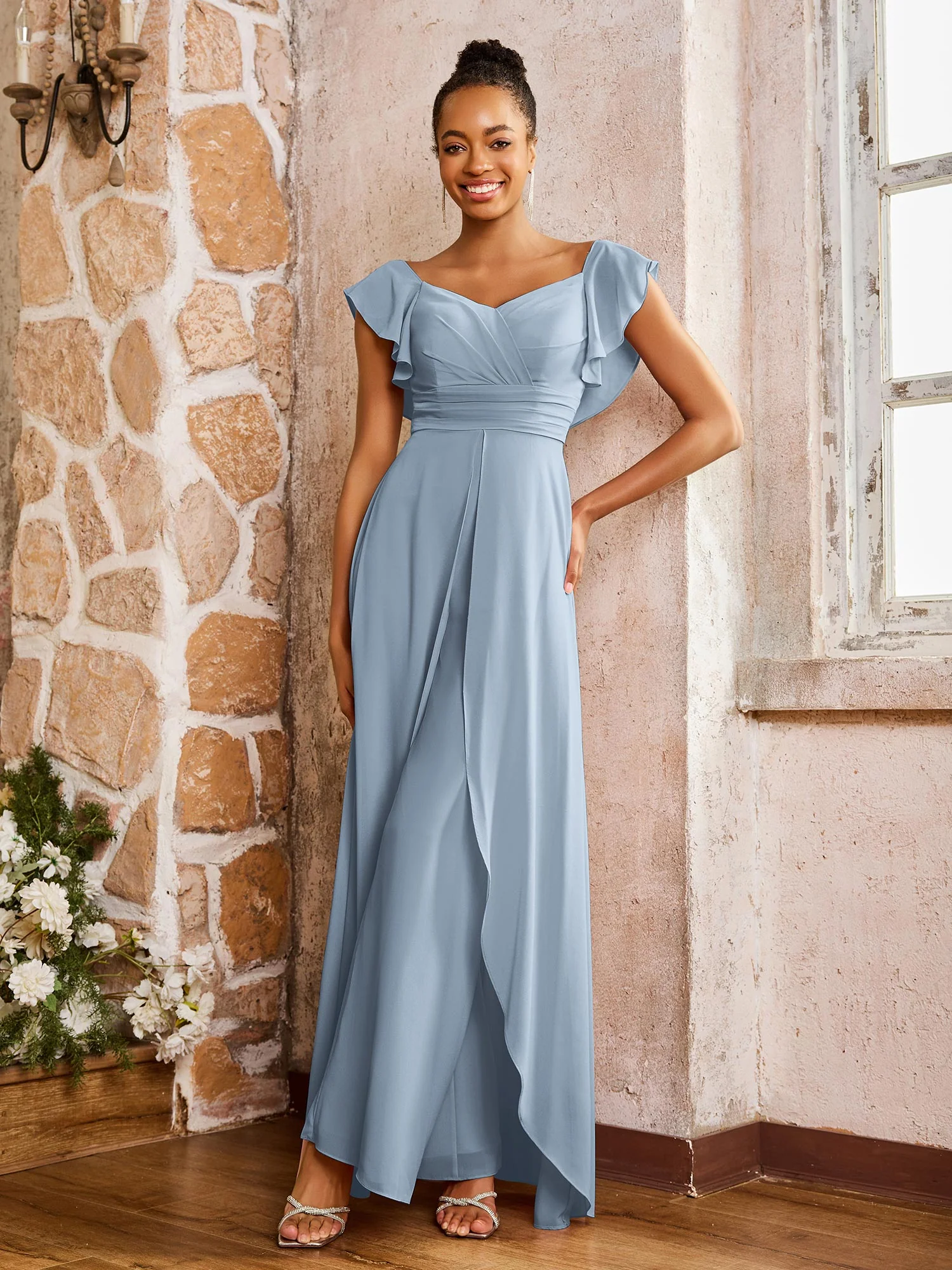 Elegant Chiffon Jumpsuit with Flowing Skirt Overlay Dusty Blue