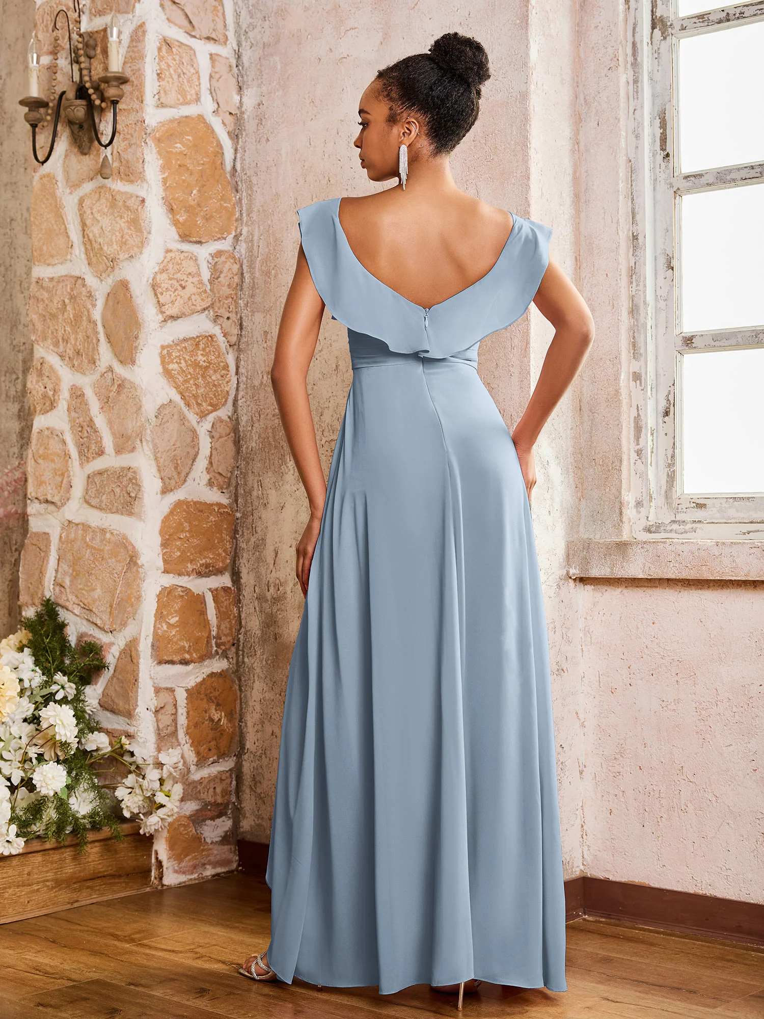 Elegant Chiffon Jumpsuit with Flowing Skirt Overlay Dusty Blue - Image 2