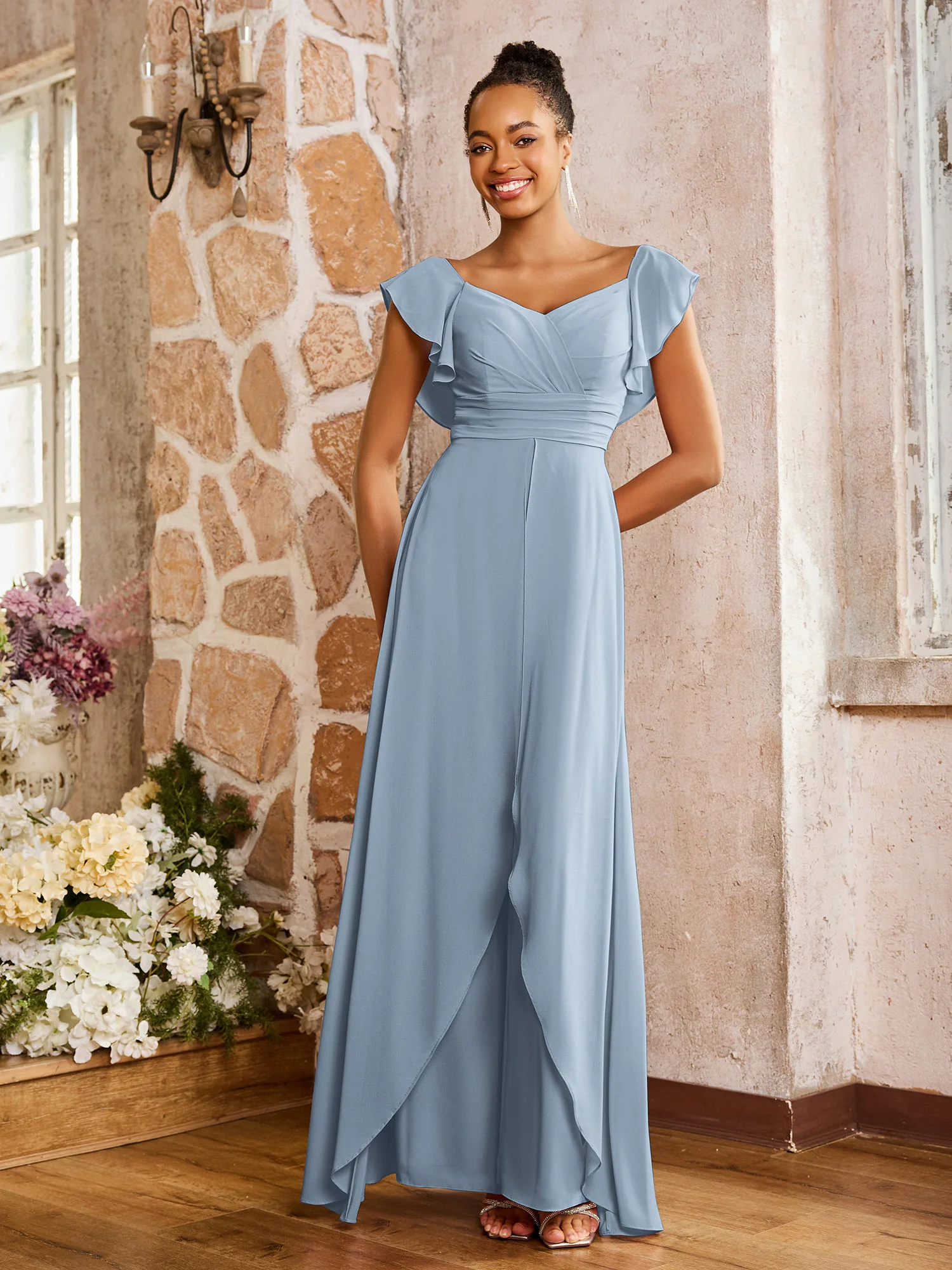Elegant Chiffon Jumpsuit with Flowing Skirt Overlay Dusty Blue - Image 3