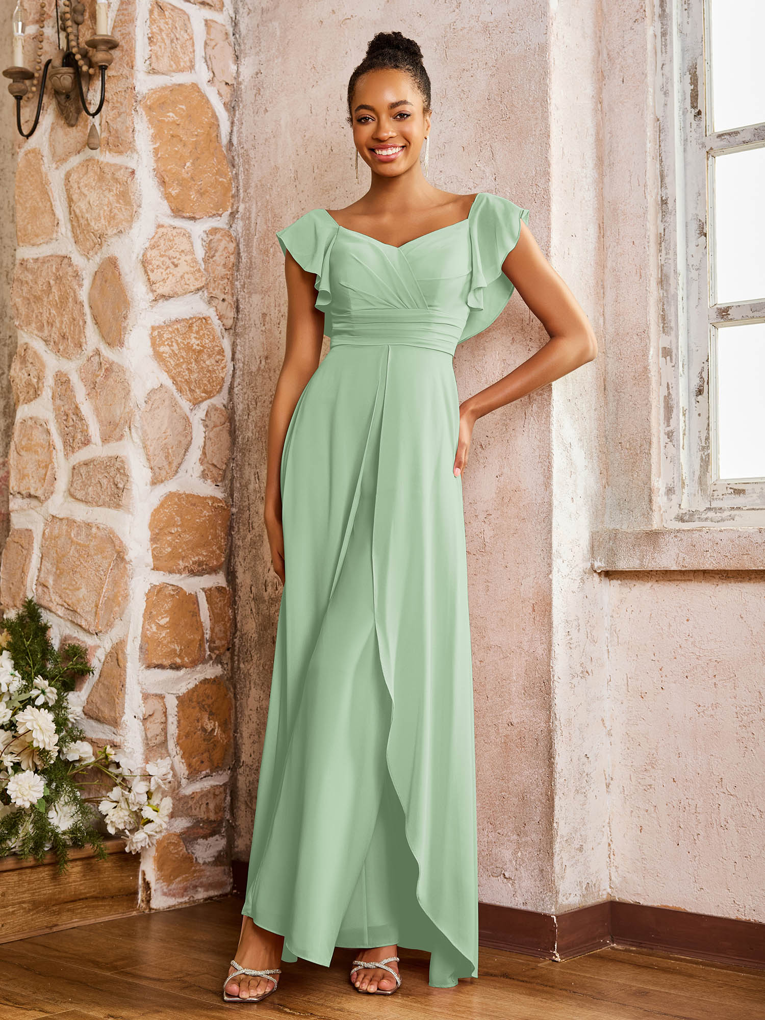 Elegant Chiffon Jumpsuit with Flowing Skirt Overlay Dusty Sage