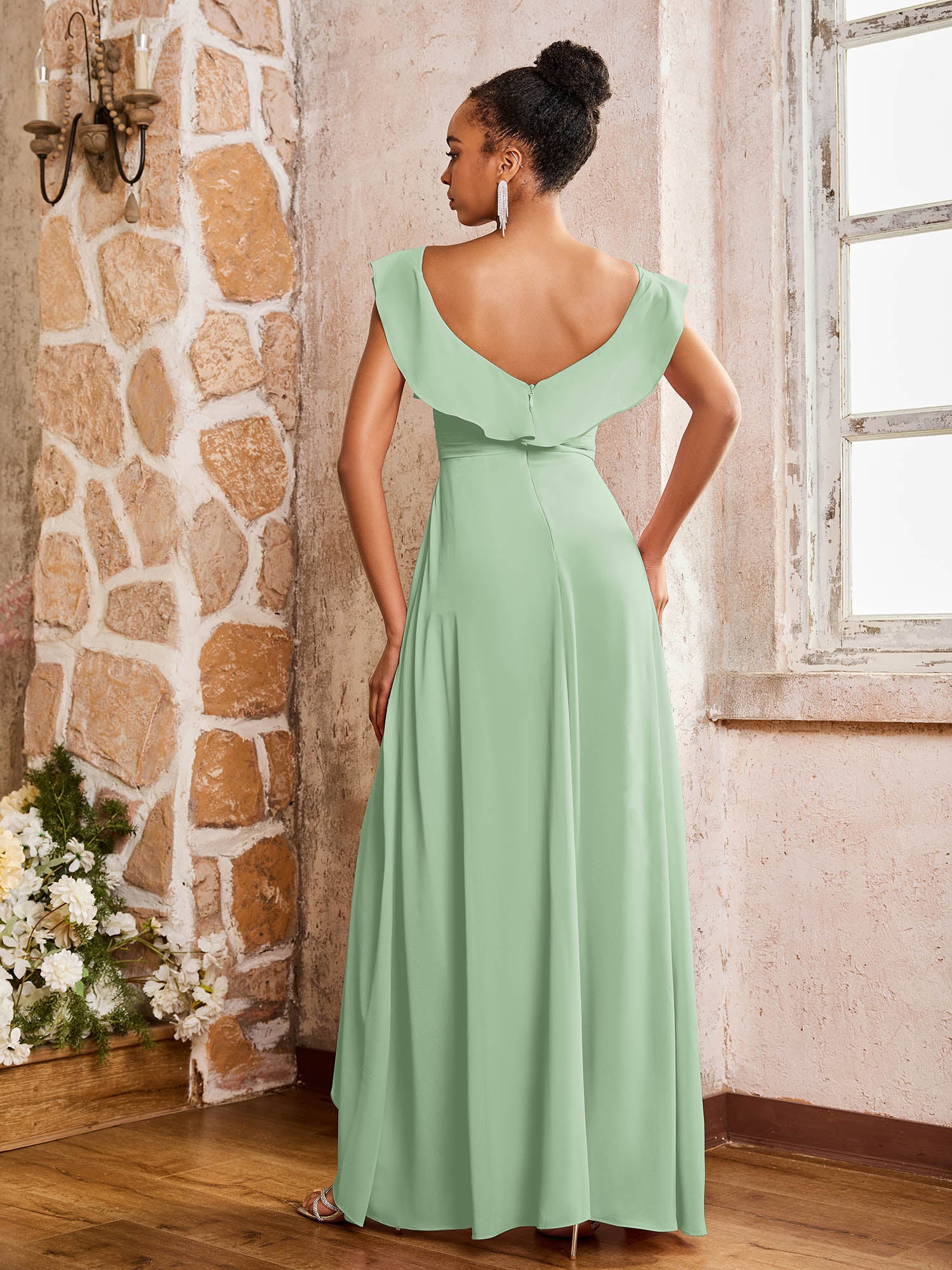 Elegant Chiffon Jumpsuit with Flowing Skirt Overlay Dusty Sage - Image 2