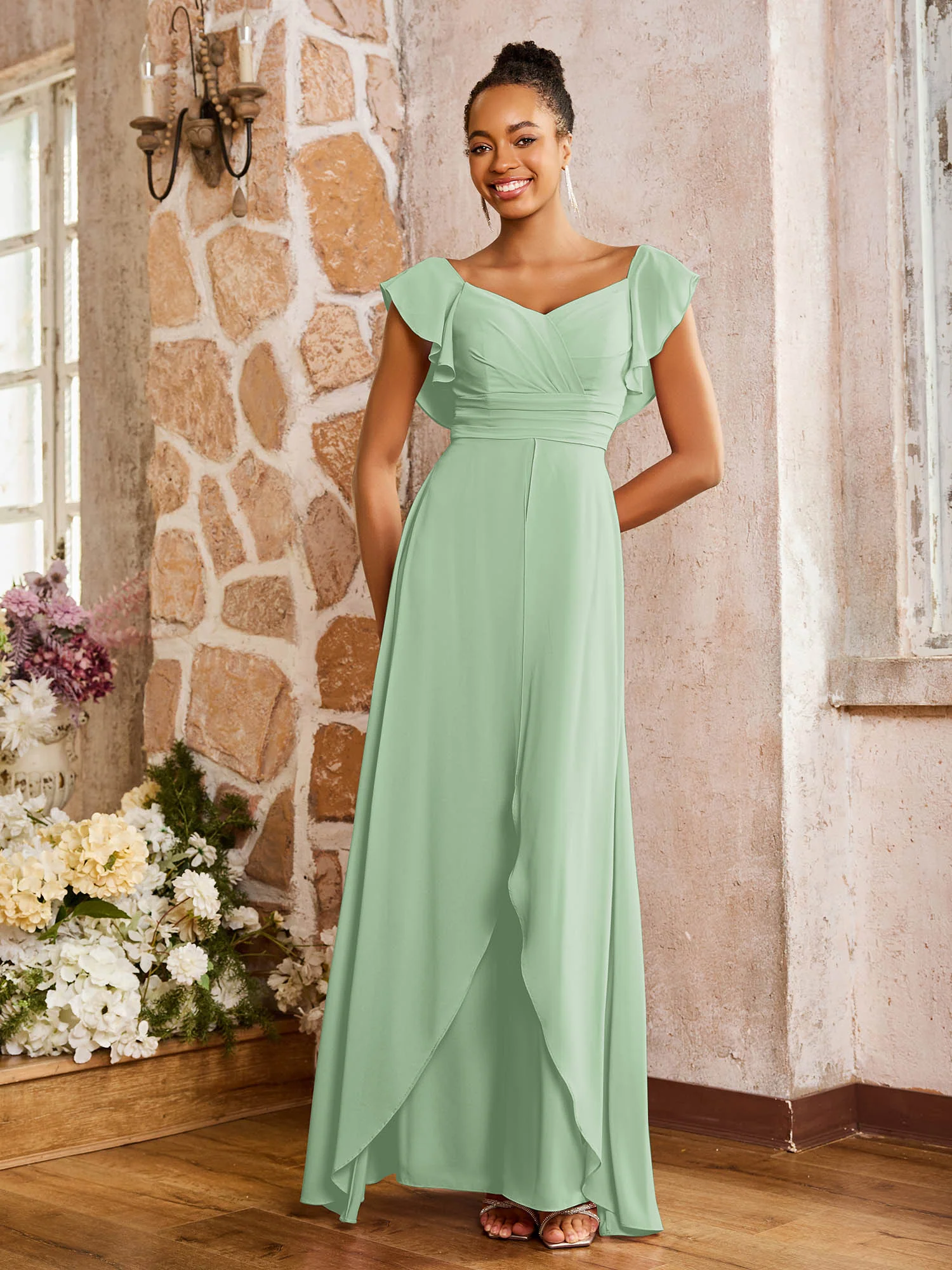 Elegant Chiffon Jumpsuit with Flowing Skirt Overlay Dusty Sage - Image 3