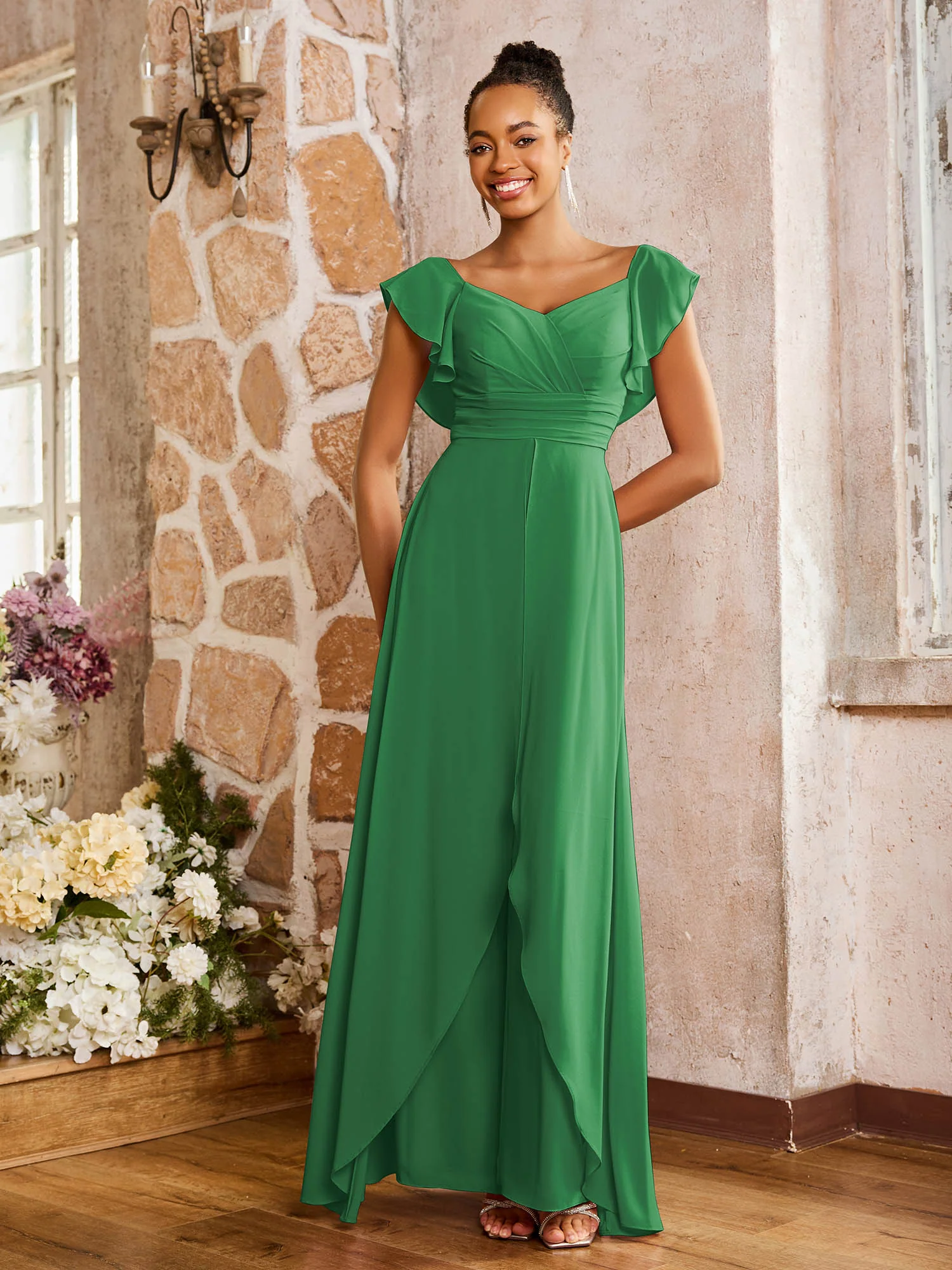 Elegant Chiffon Jumpsuit with Flowing Skirt Overlay Emerald - Image 3