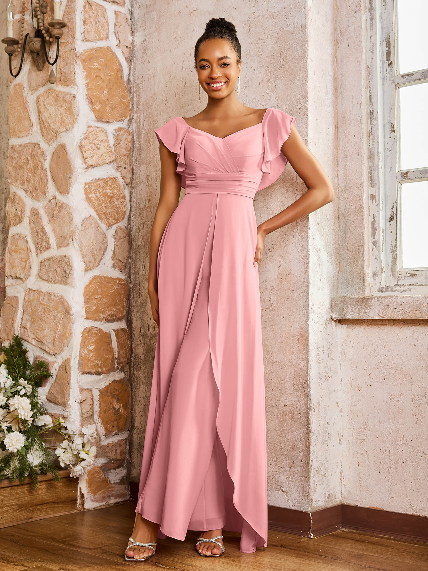 Elegant Chiffon Jumpsuit with Flowing Skirt Overlay Flamingo