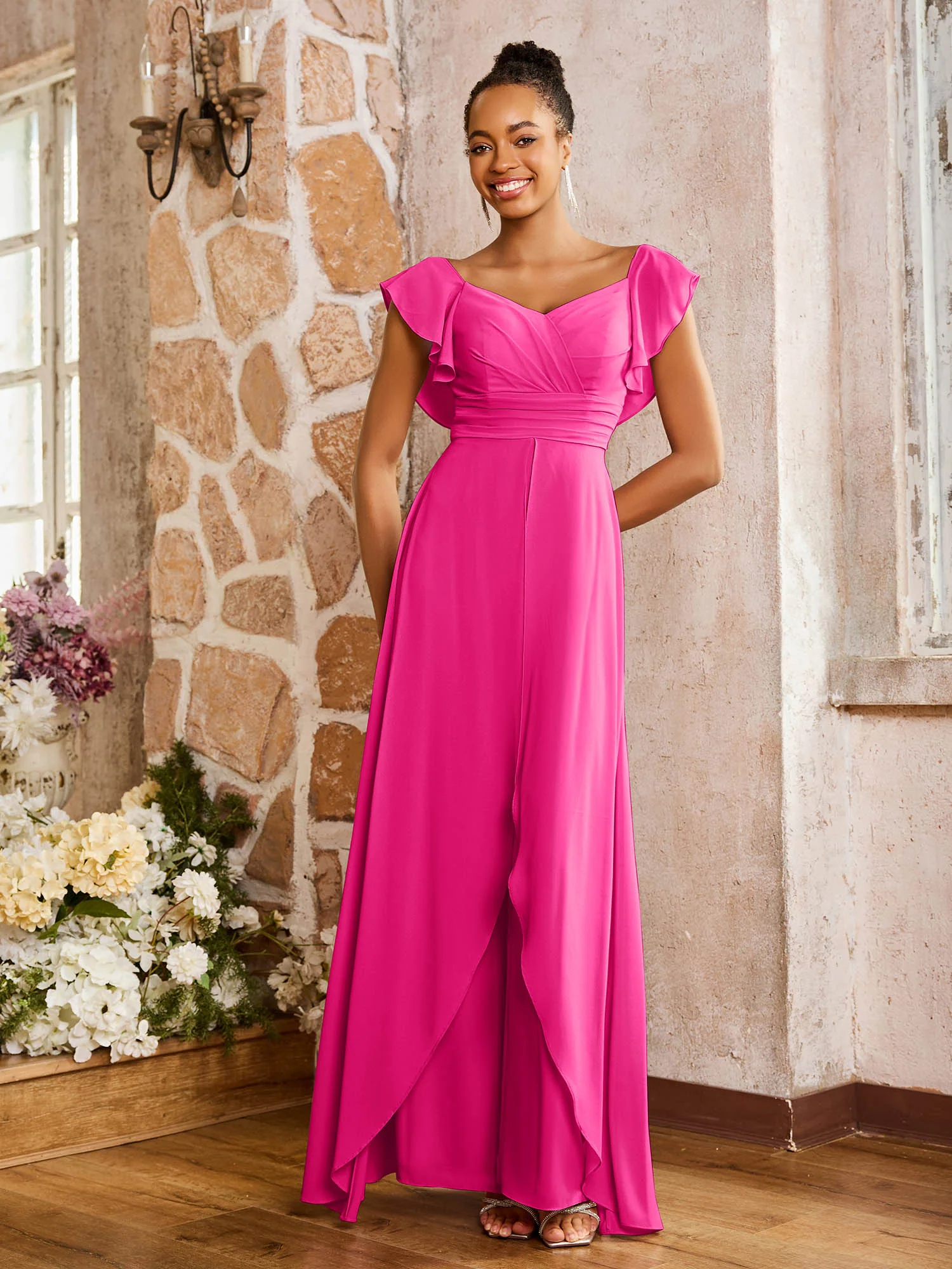 Elegant Chiffon Jumpsuit with Flowing Skirt Overlay Fuchsia - Image 3