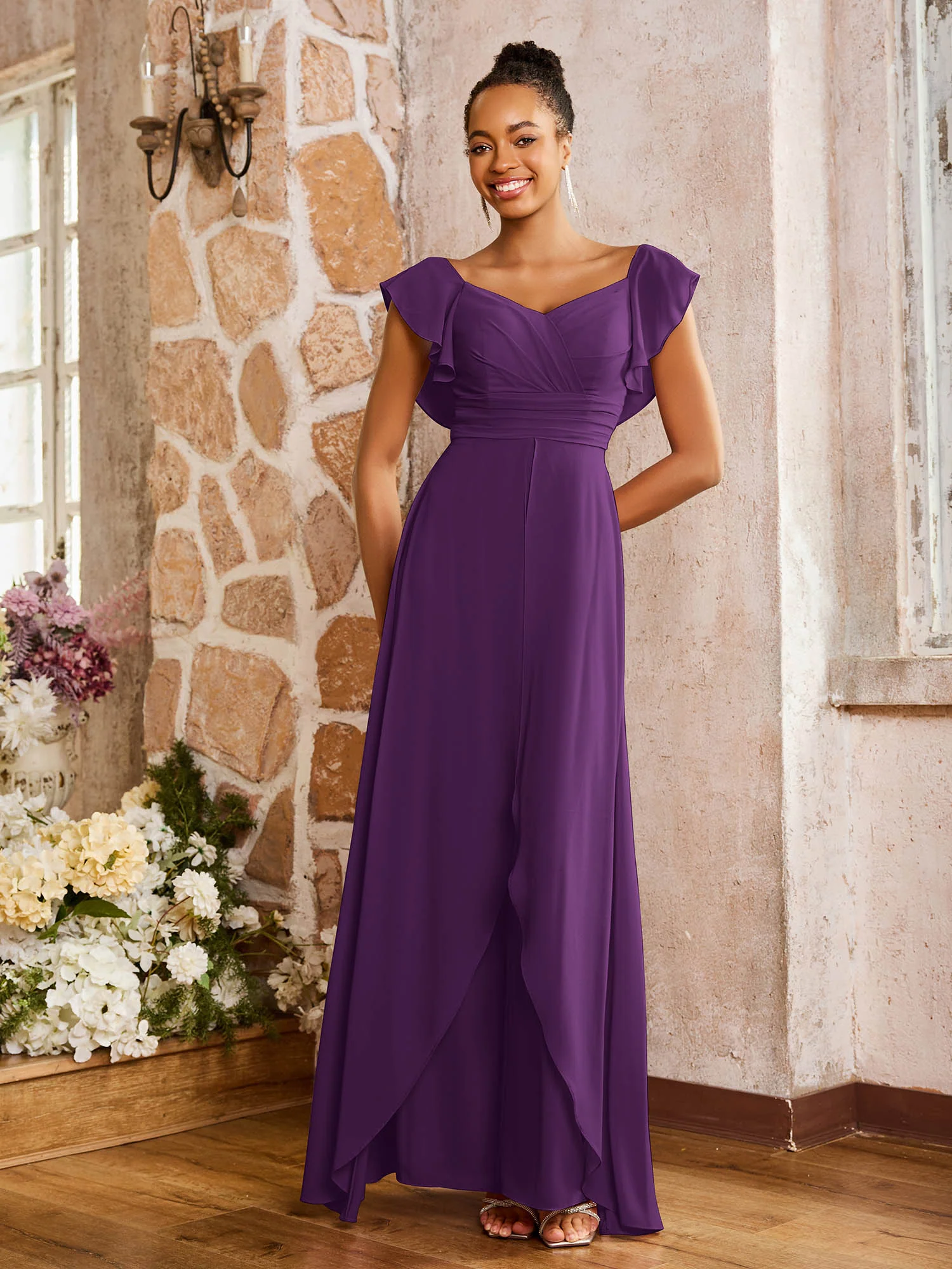 Elegant Chiffon Jumpsuit with Flowing Skirt Overlay Grape - Image 3