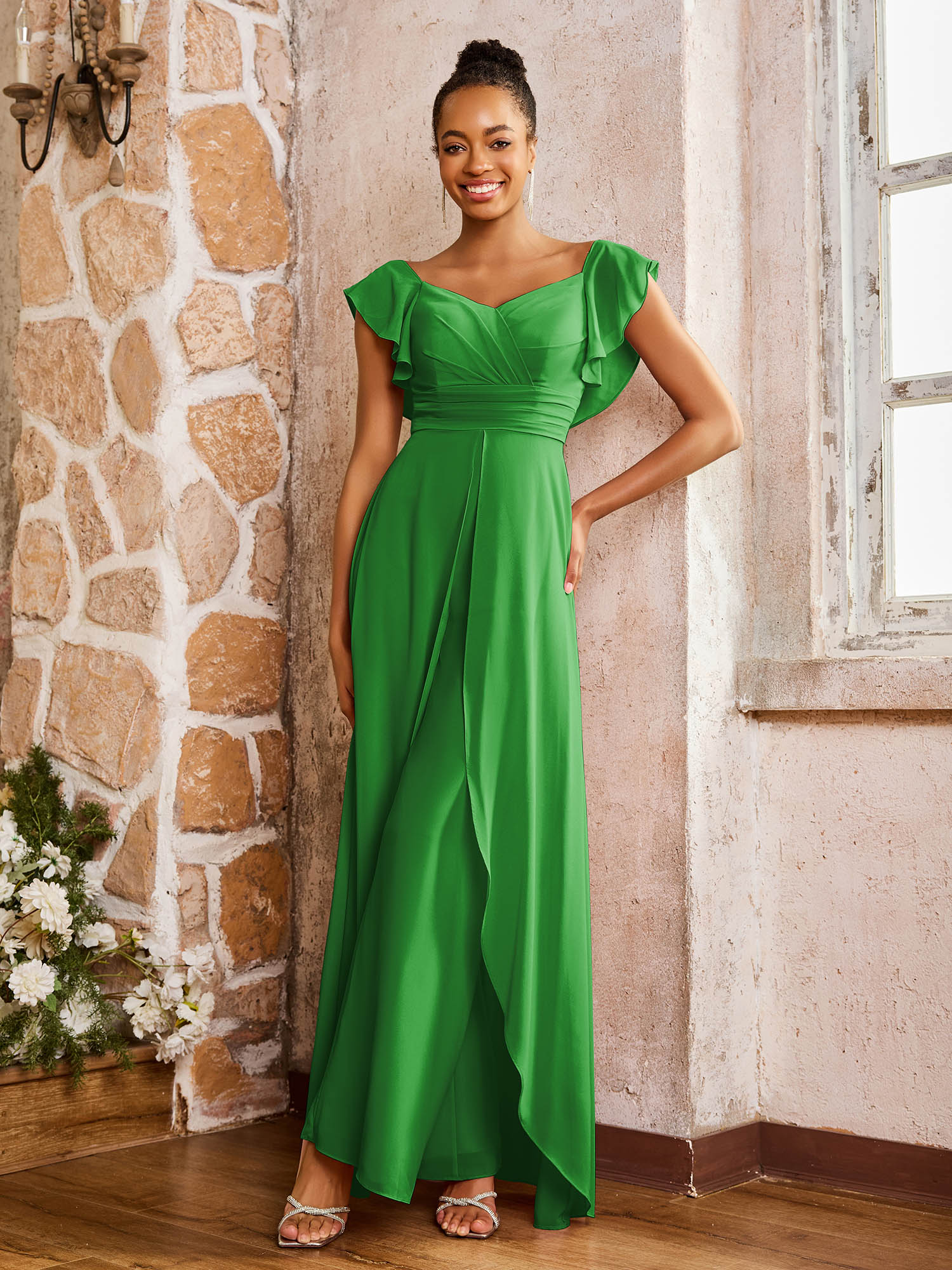 Elegant Chiffon Jumpsuit with Flowing Skirt Overlay Green