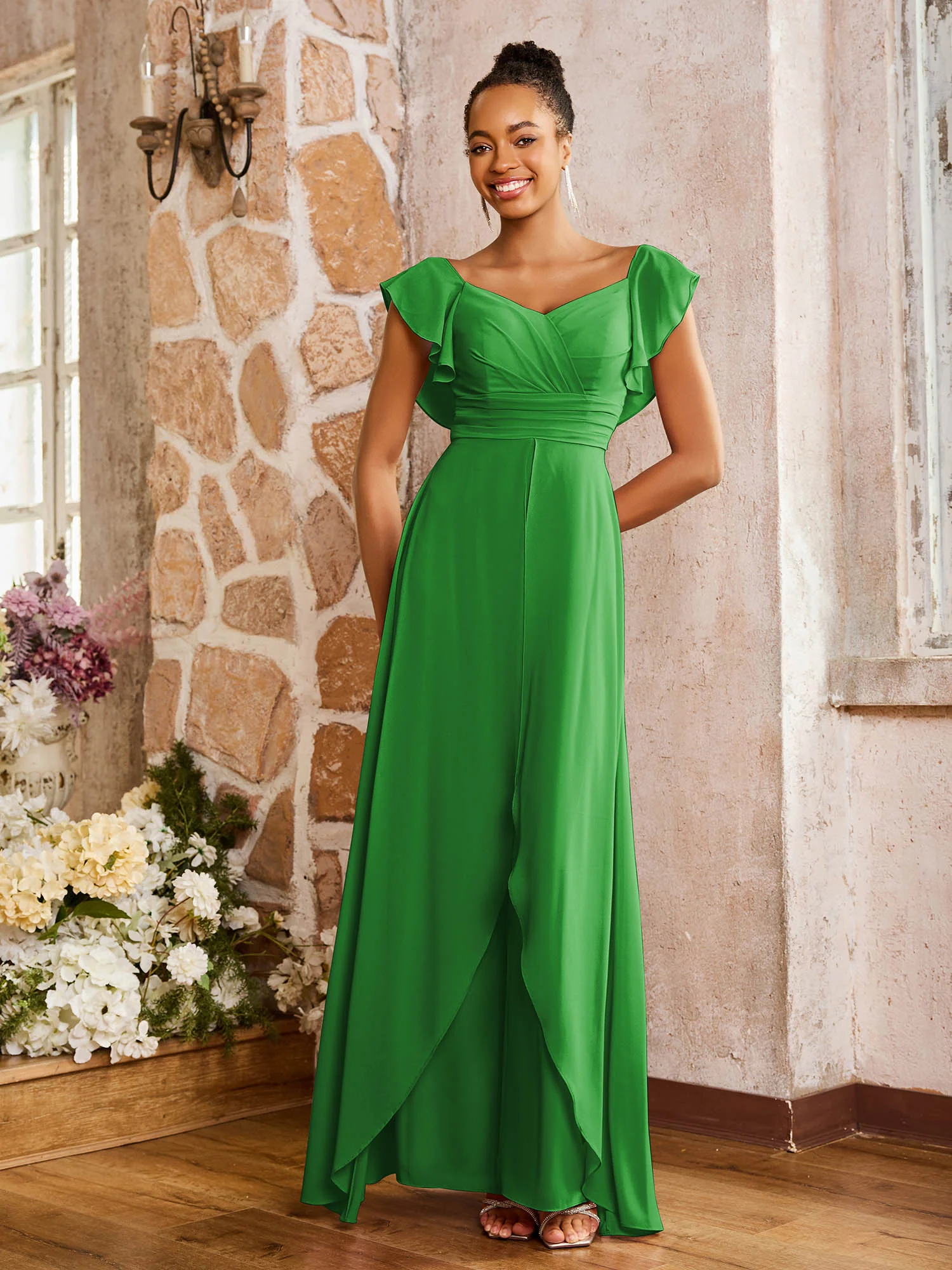 Elegant Chiffon Jumpsuit with Flowing Skirt Overlay Green - Image 3