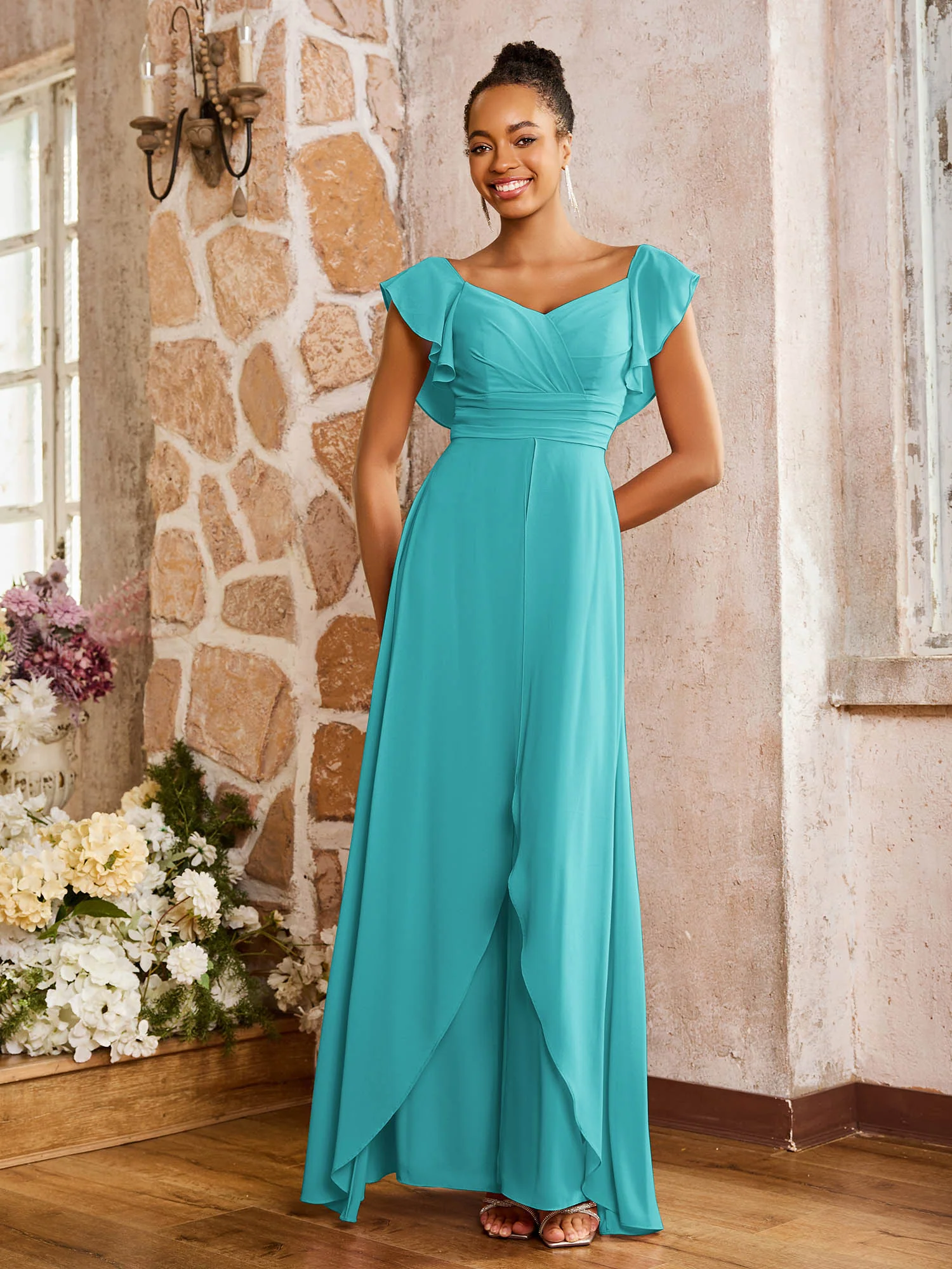 Elegant Chiffon Jumpsuit with Flowing Skirt Overlay Jade - Image 3