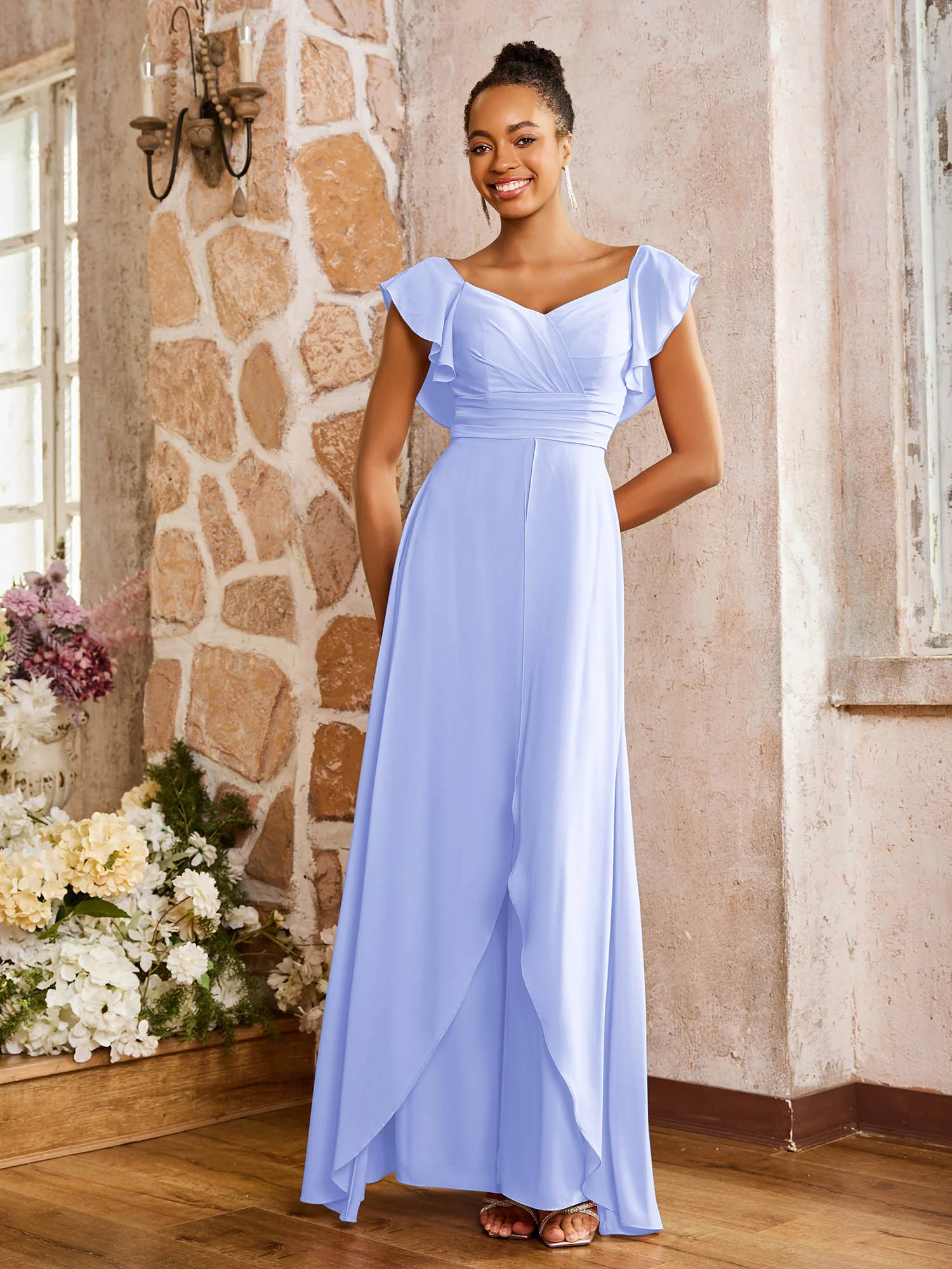 Elegant Chiffon Jumpsuit with Flowing Skirt Overlay Lavender - Image 3