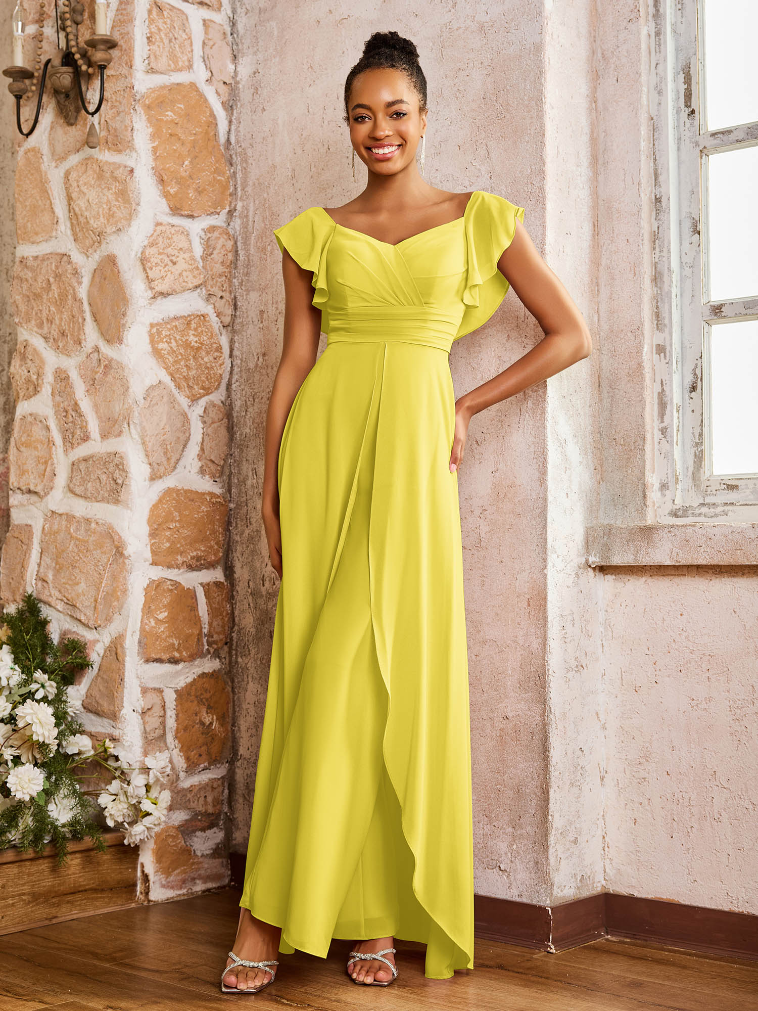 Elegant Chiffon Jumpsuit with Flowing Skirt Overlay Lemon