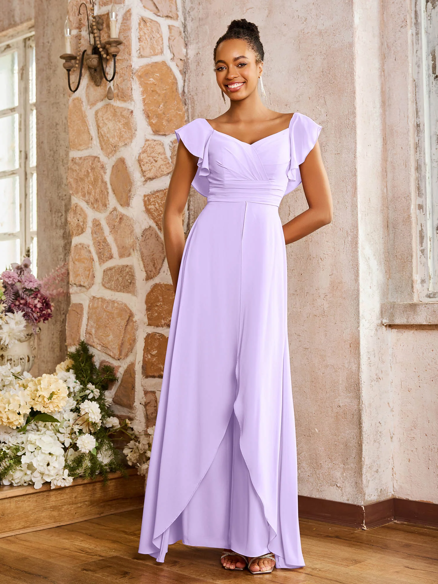Elegant Chiffon Jumpsuit with Flowing Skirt Overlay Lilac - Image 3