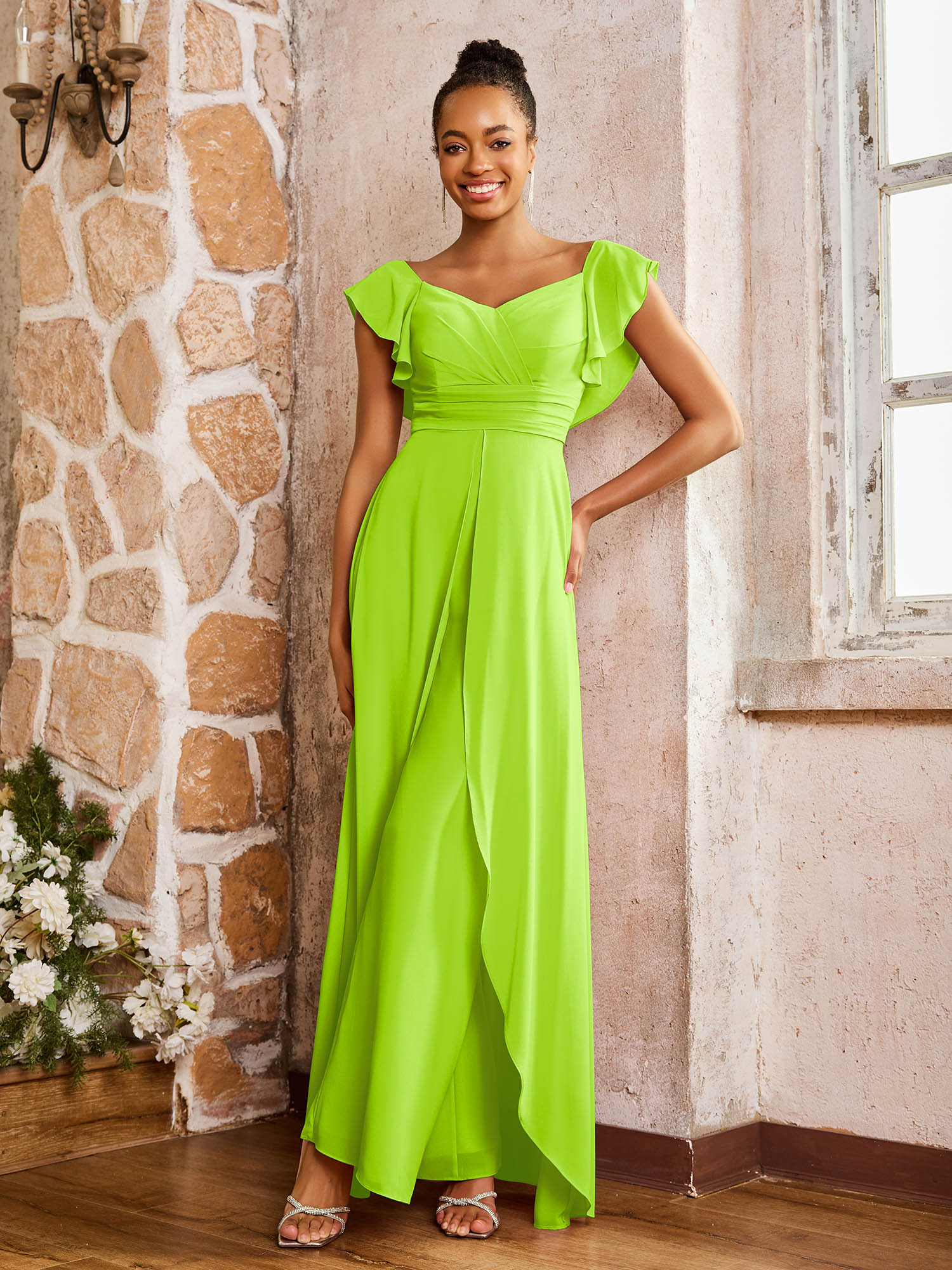 Elegant Chiffon Jumpsuit with Flowing Skirt Overlay Lime Green