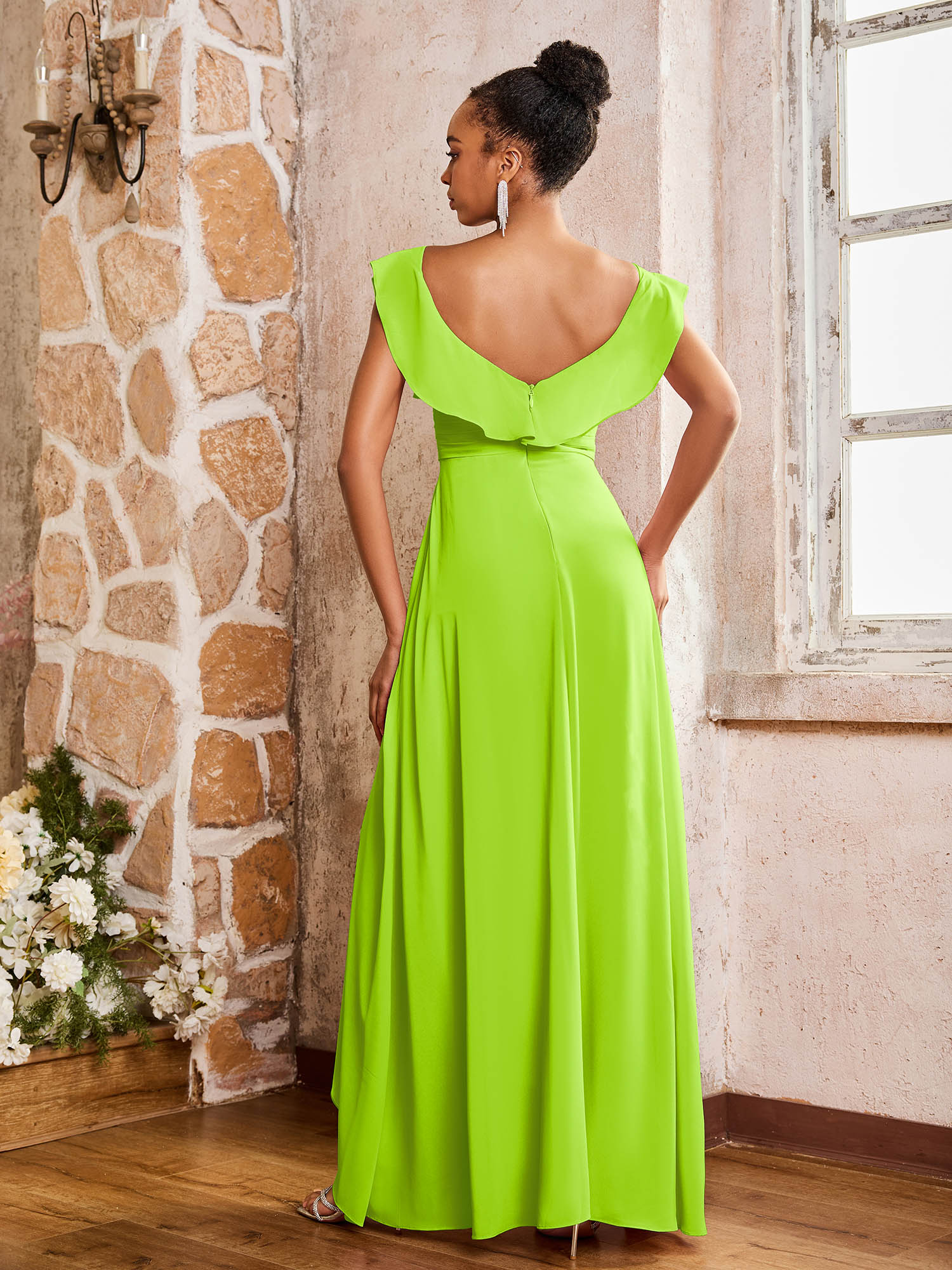 Elegant Chiffon Jumpsuit with Flowing Skirt Overlay Lime Green - Image 2