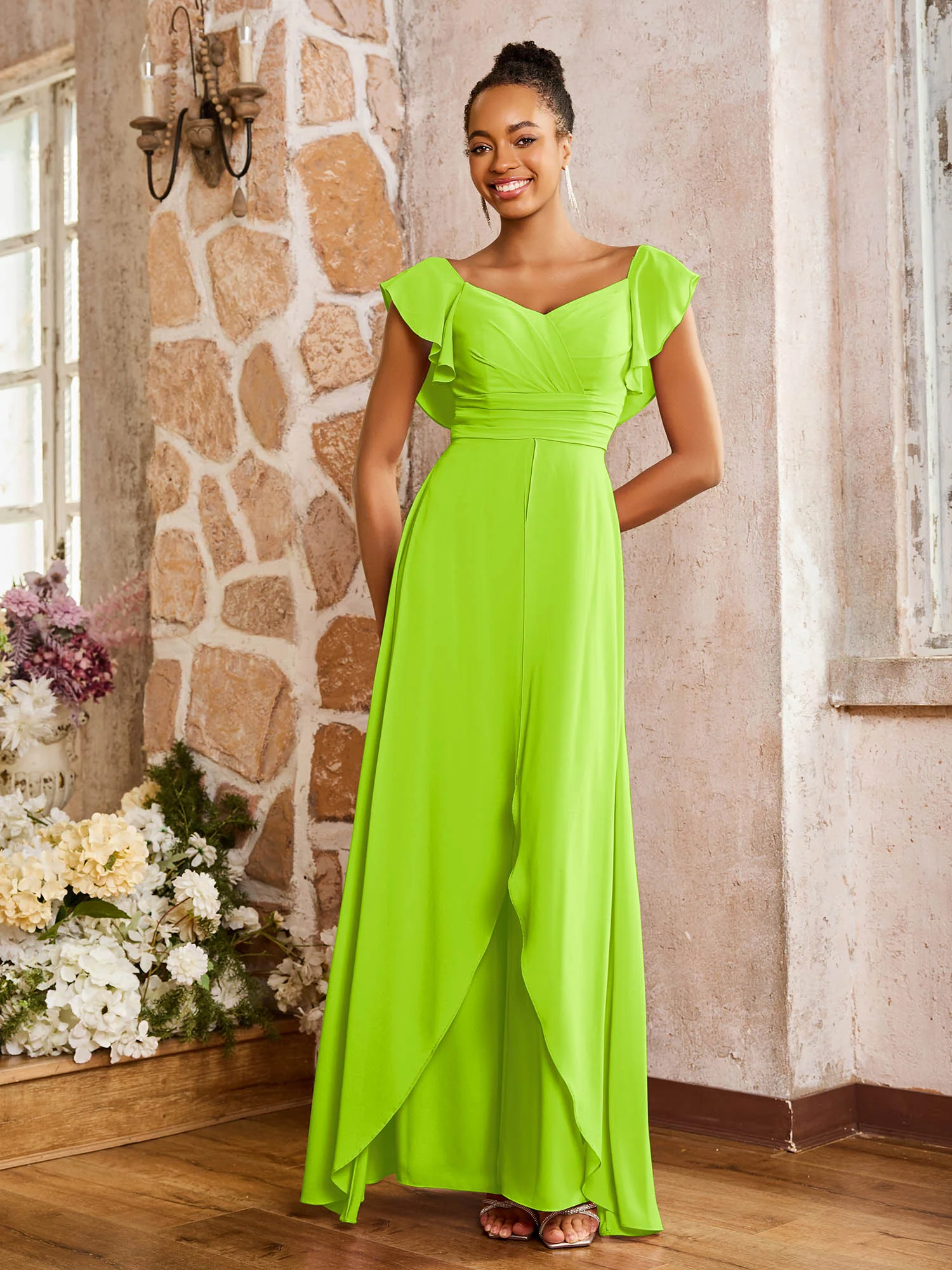 Elegant Chiffon Jumpsuit with Flowing Skirt Overlay Lime Green - Image 3