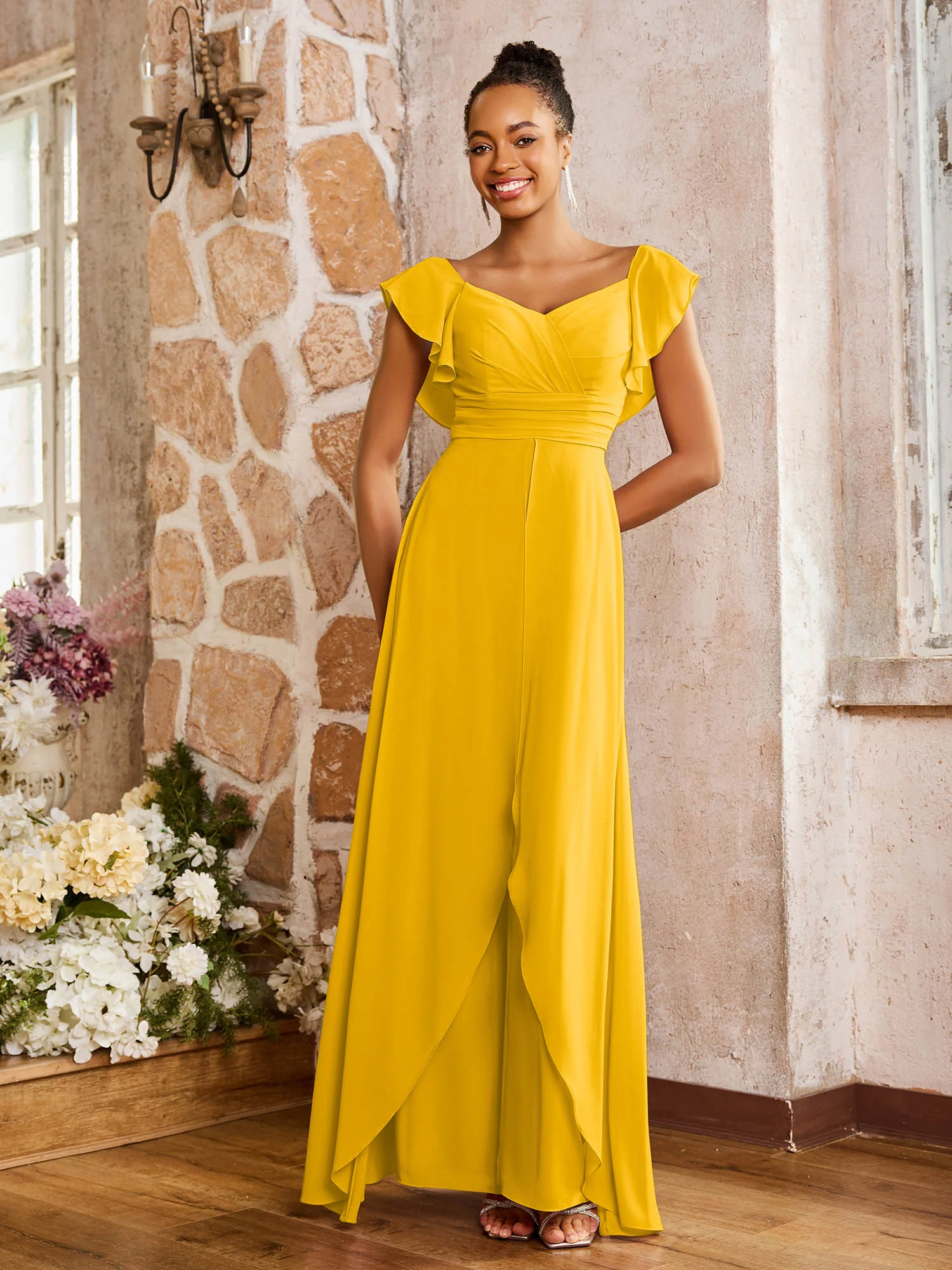 Elegant Chiffon Jumpsuit with Flowing Skirt Overlay Marigold - Image 3