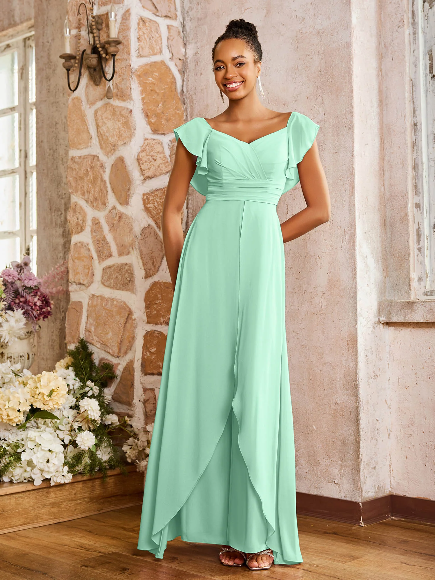 Elegant Chiffon Jumpsuit with Flowing Skirt Overlay Mint Green - Image 3