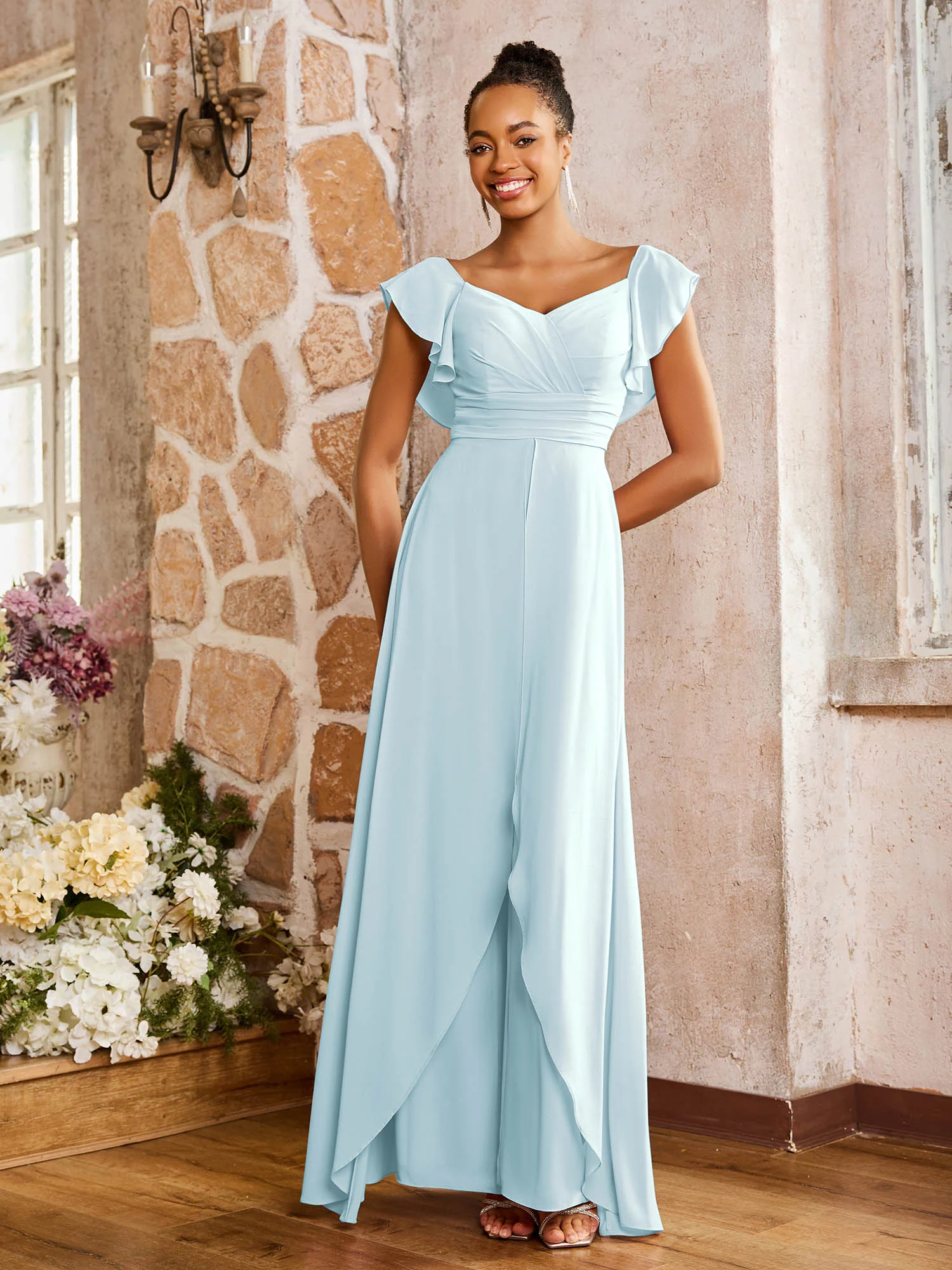 Elegant Chiffon Jumpsuit with Flowing Skirt Overlay Mist - Image 3