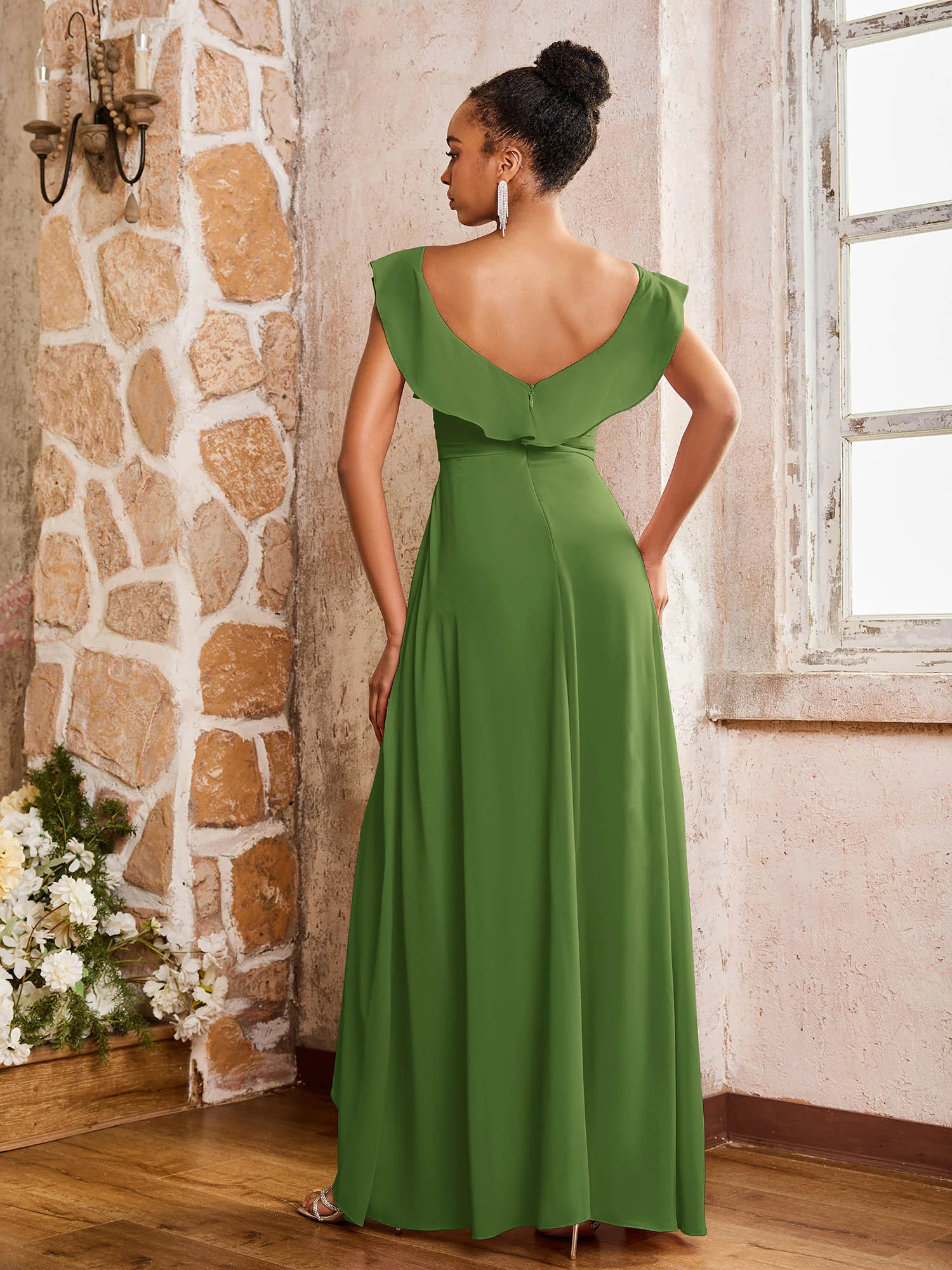 Elegant Chiffon Jumpsuit with Flowing Skirt Overlay Moss - Image 2