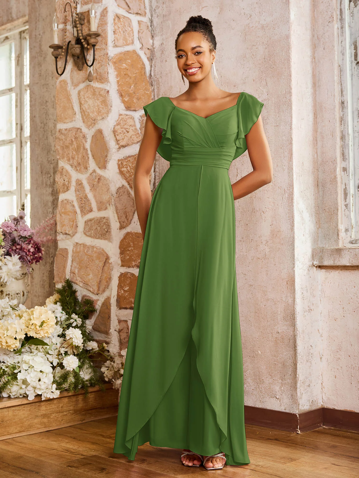 Elegant Chiffon Jumpsuit with Flowing Skirt Overlay Moss - Image 3